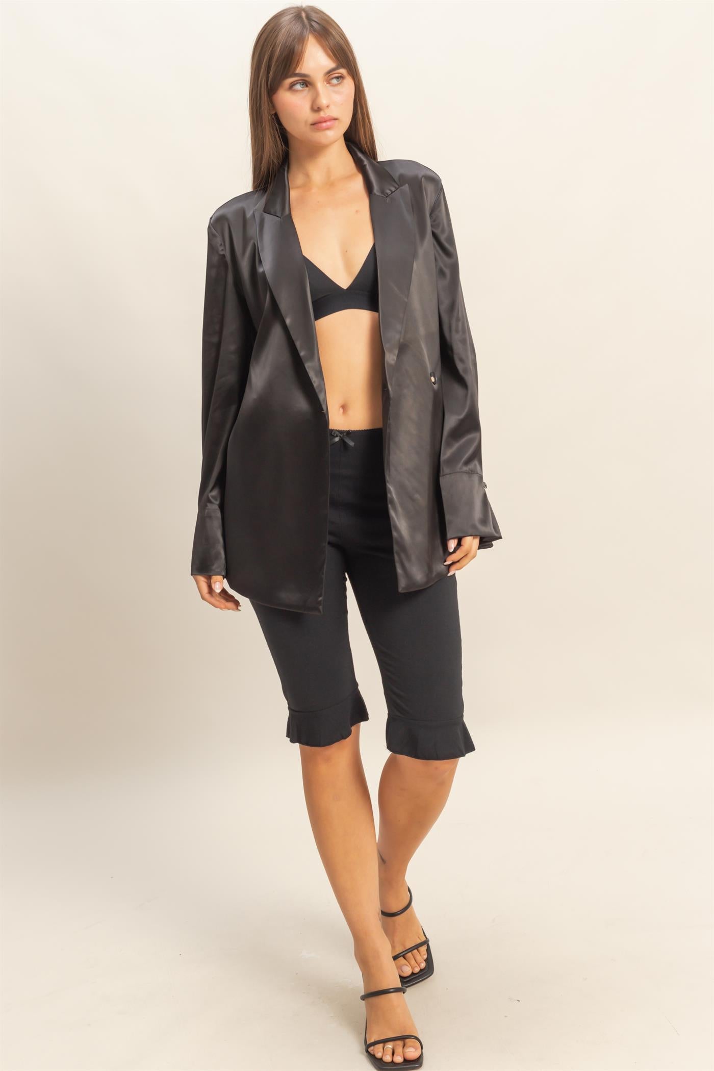 Wholesale Satin Long Sleeve Blazer Coats & Jackets HF23G242 BLACK HYFVE