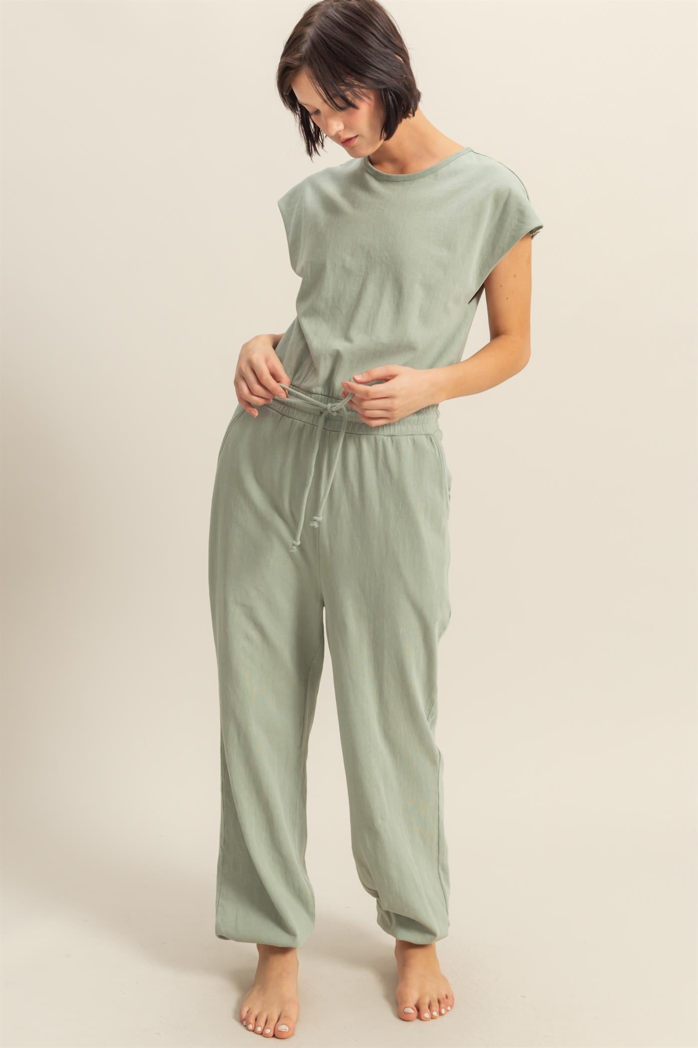 Wholesale Short Sleeve Casual Jumpsuit Clothing DZ24C619 SAGE GREEN DOUBLE ZERO