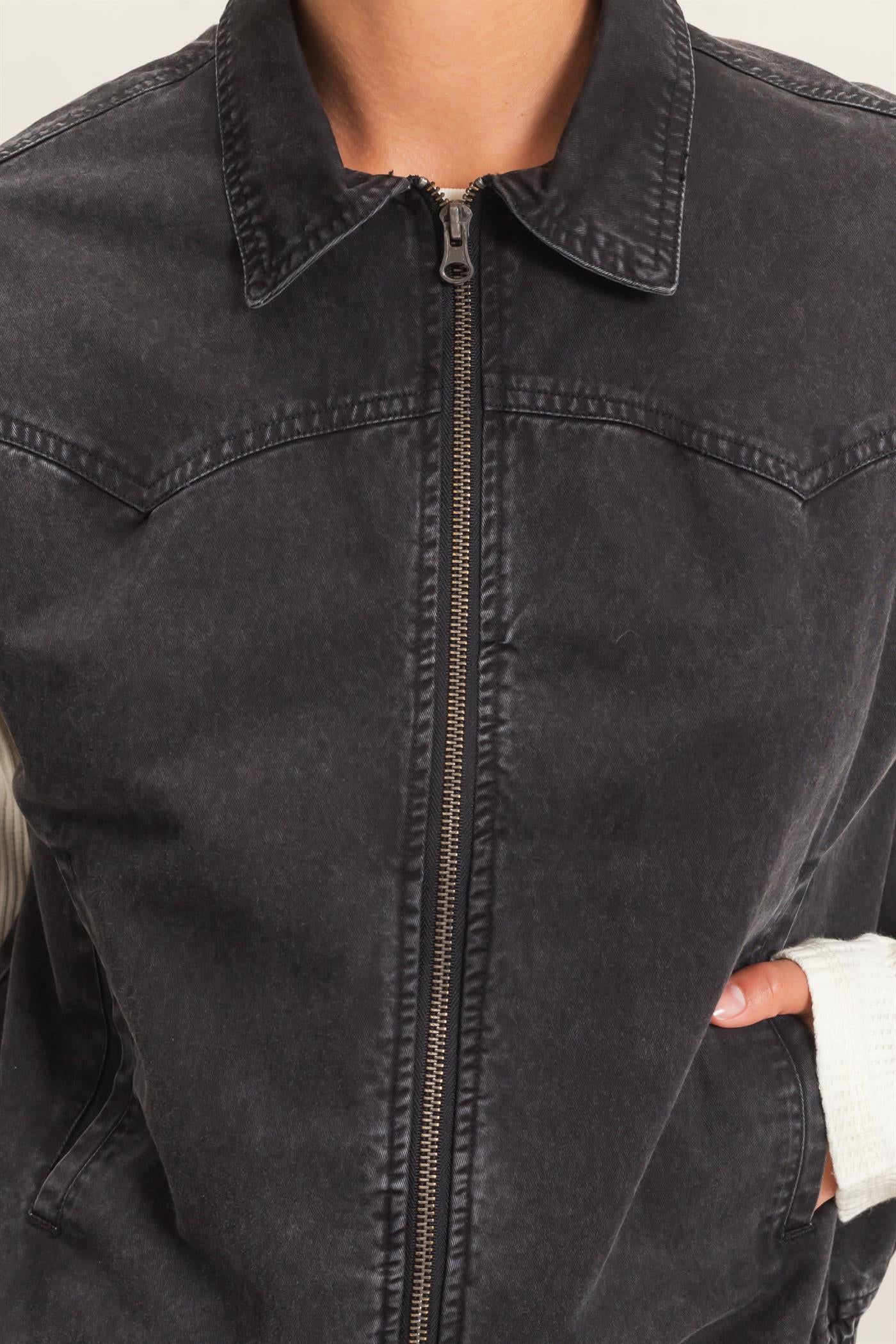 Wholesale Mineral Wash Sleeveless Zip-Up Collar Vest Vests DZ26E392 BLACK DOUBLE ZERO
