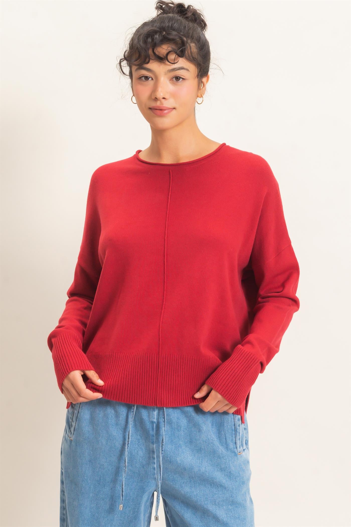 Wholesale Roll Neck Seam Detail Sweater Sweaters DZ26C975 DARK RED DOUBLE ZERO