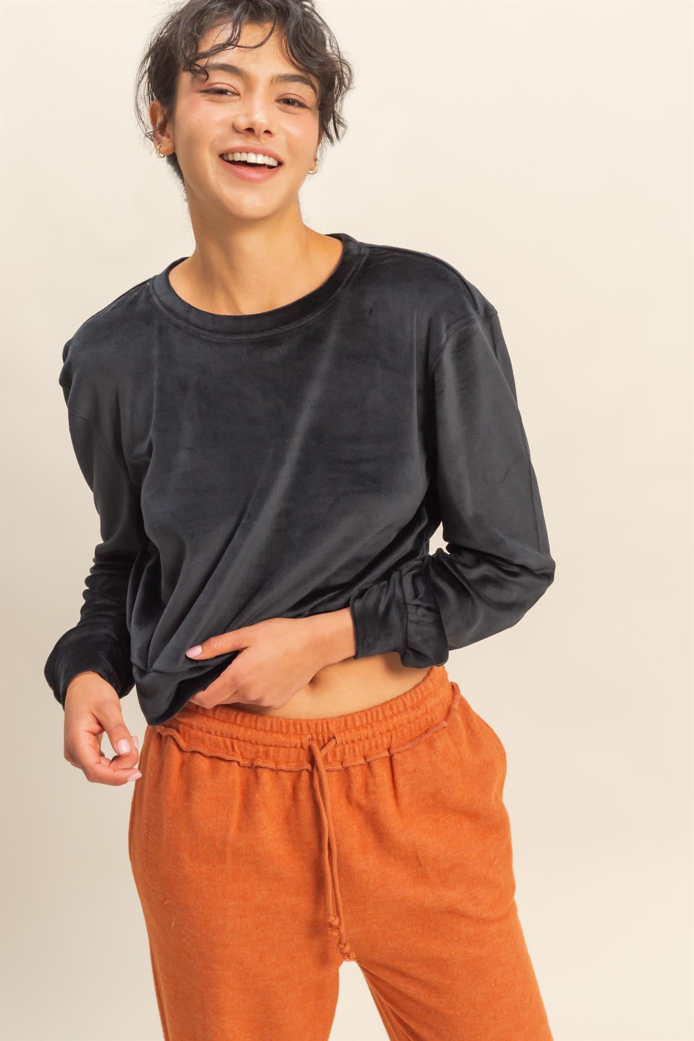 Wholesale Banded Waist Sweatshirt Clothing Tops DZ23A458 BLACK DOUBLE ZERO