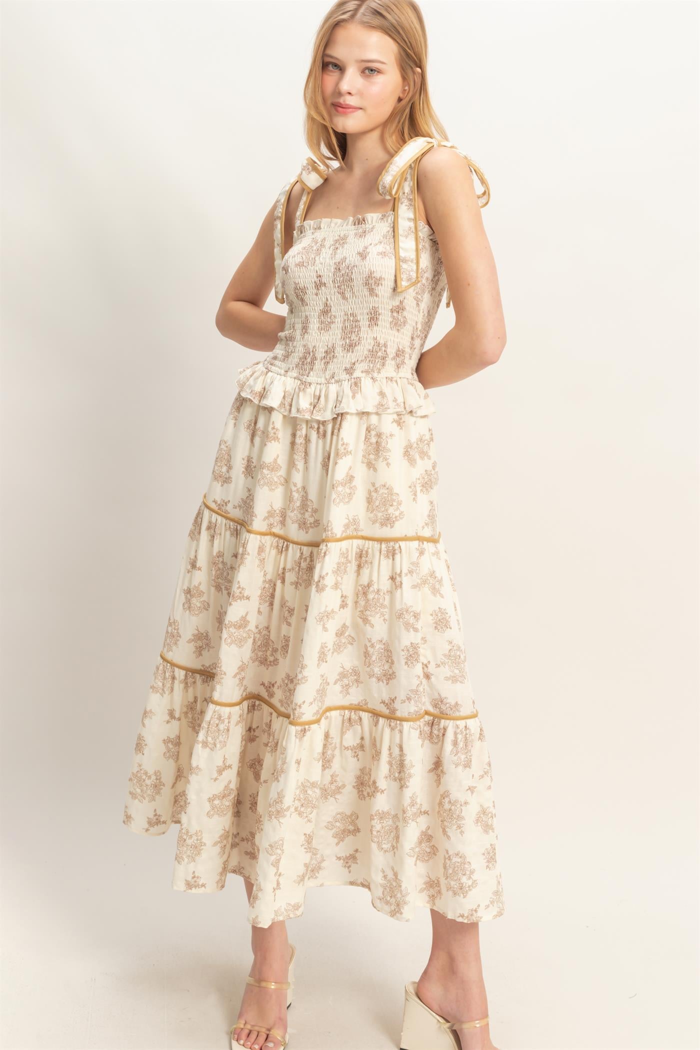 Wholesale Floral Tiered Sundress Dresses HF26A492-D BEIGE HYFVE