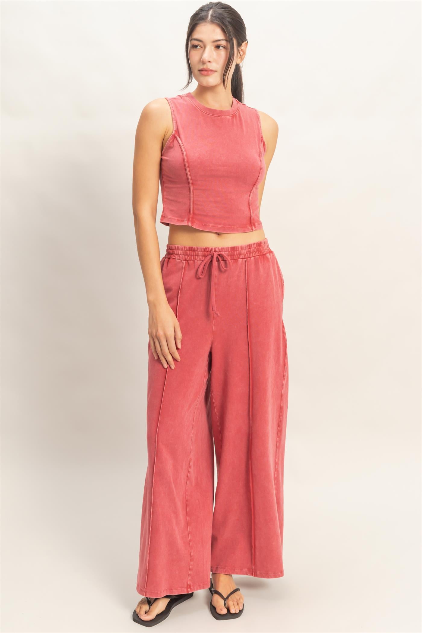 Wholesale Mineral Washed Sleeveless Top & Wide Leg Pants Set Clothing DZ26A371-SET DARK RED DOUBLE ZERO