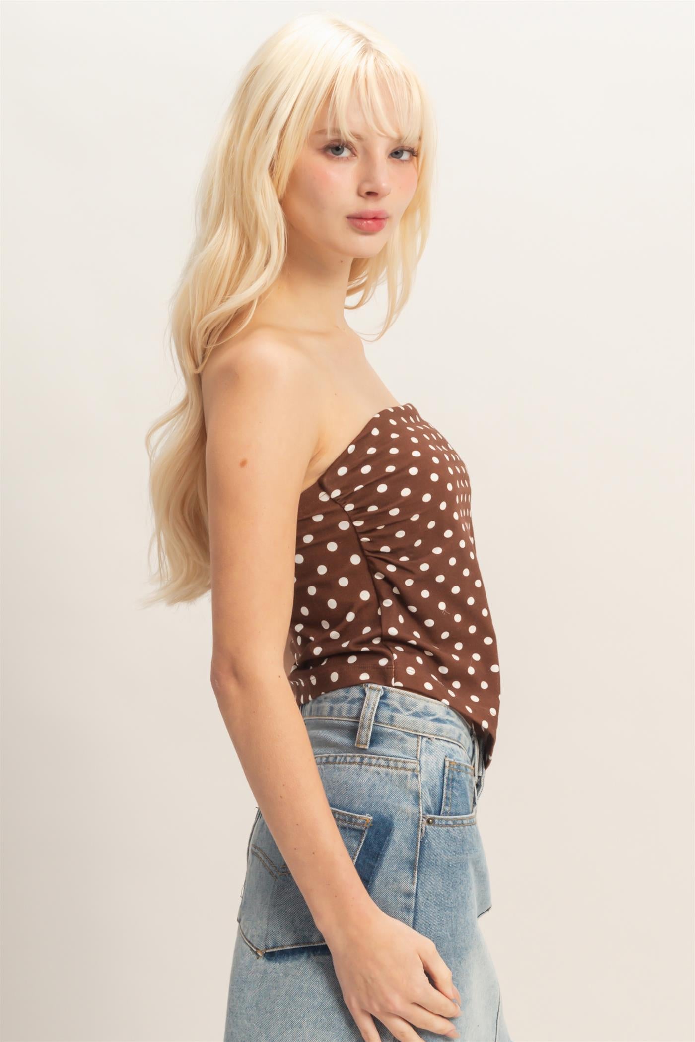 Wholesale Polka Dot Triangle Tube Top Clothing Tops DZ26C347 BROWN DOUBLE ZERO