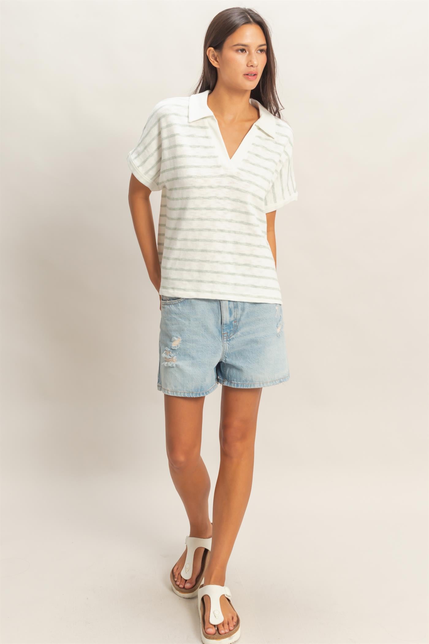 Wholesale Striped Dolman Sleeve V-Neck Collared Top Clothing Tops DZ26A452 SAGE GREEN DOUBLE ZERO