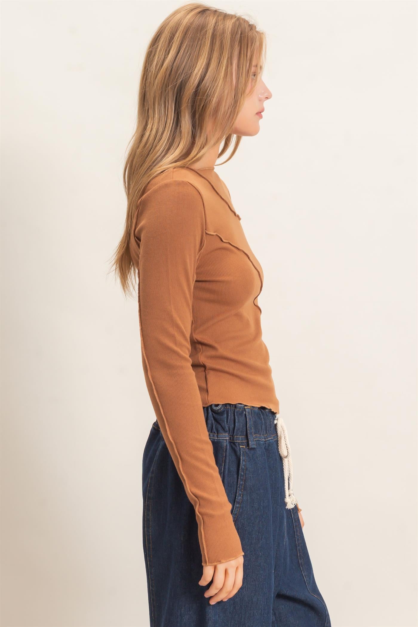 Wholesale Ruffled Ribbed Long Sleeve Top Clothing Tops HF26F085 BROWN HYFVE