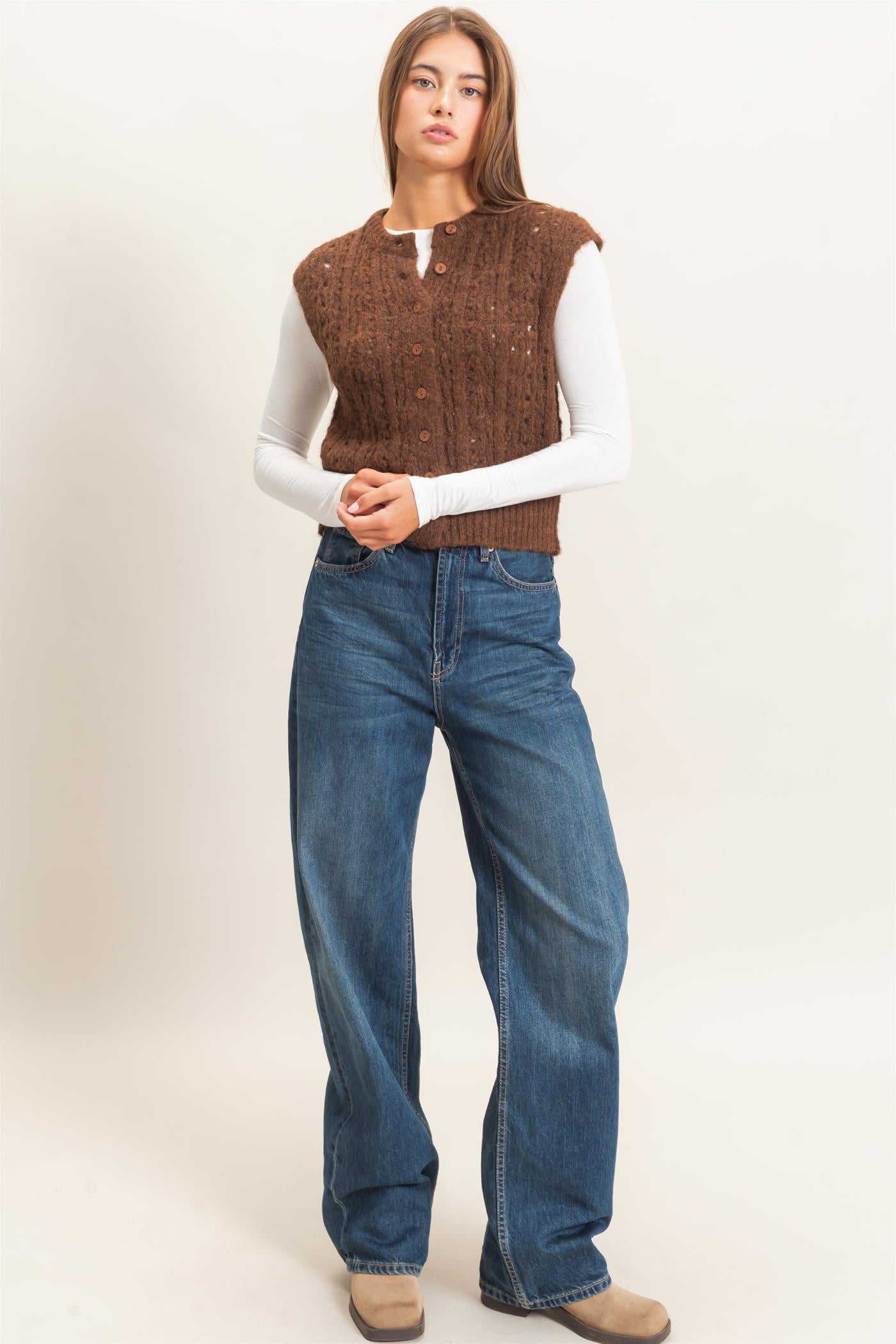 Wholesale Open Knit Sleeveless Button Front Sweater Vest Sweaters DZ26A829 BROWN DOUBLE ZERO