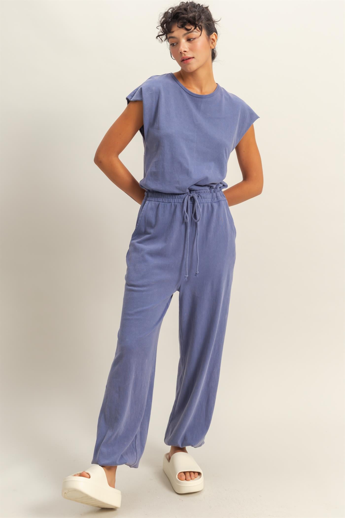 Wholesale Short Sleeve Casual Jumpsuit Clothing DZ24C619 DUSTY INDIGO DOUBLE ZERO