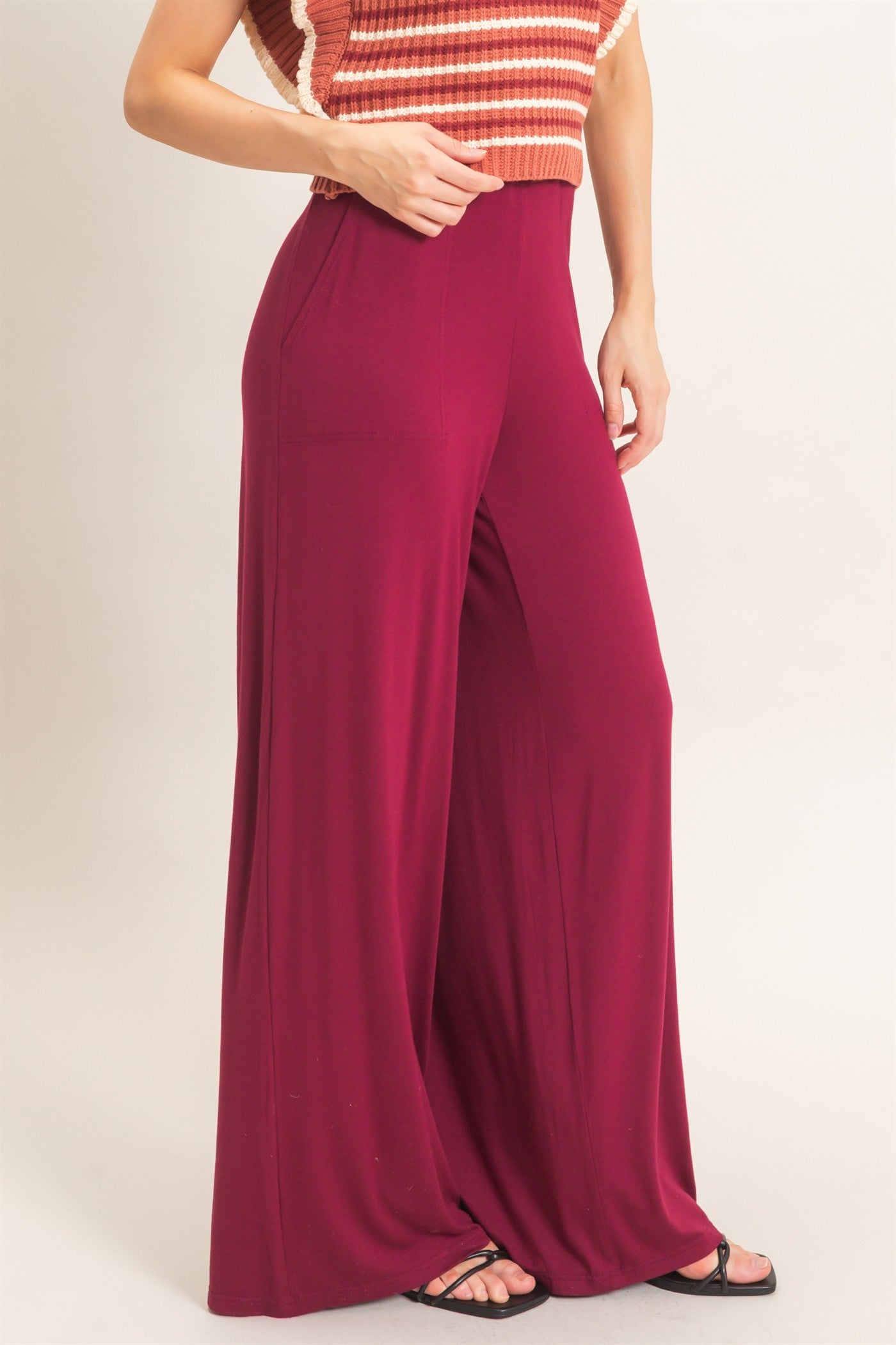 Wholesale Wide-Leg Elastic Waist Pants Pants HF26F299-D BURGUNDY HYFVE