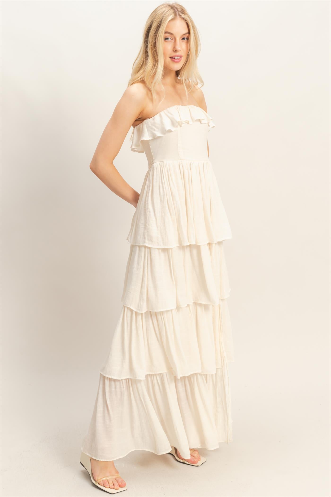 Wholesale Tiered Strapless Ruffle Dress Dresses HF26A616-D CREAM HYFVE