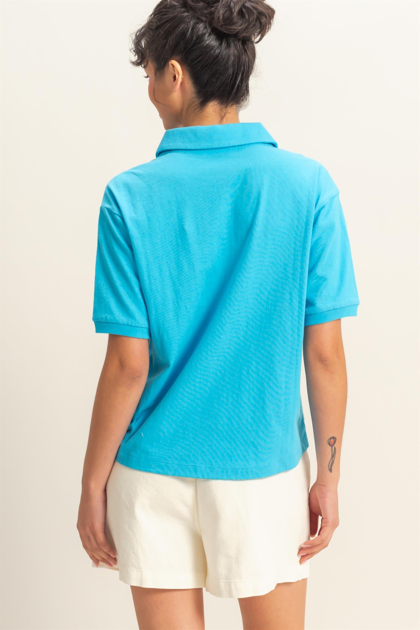 Wholesale Collared Neck Short Sleeve Relaxed Top Polos DZ25C257 AQUA BLUE DOUBLE ZERO