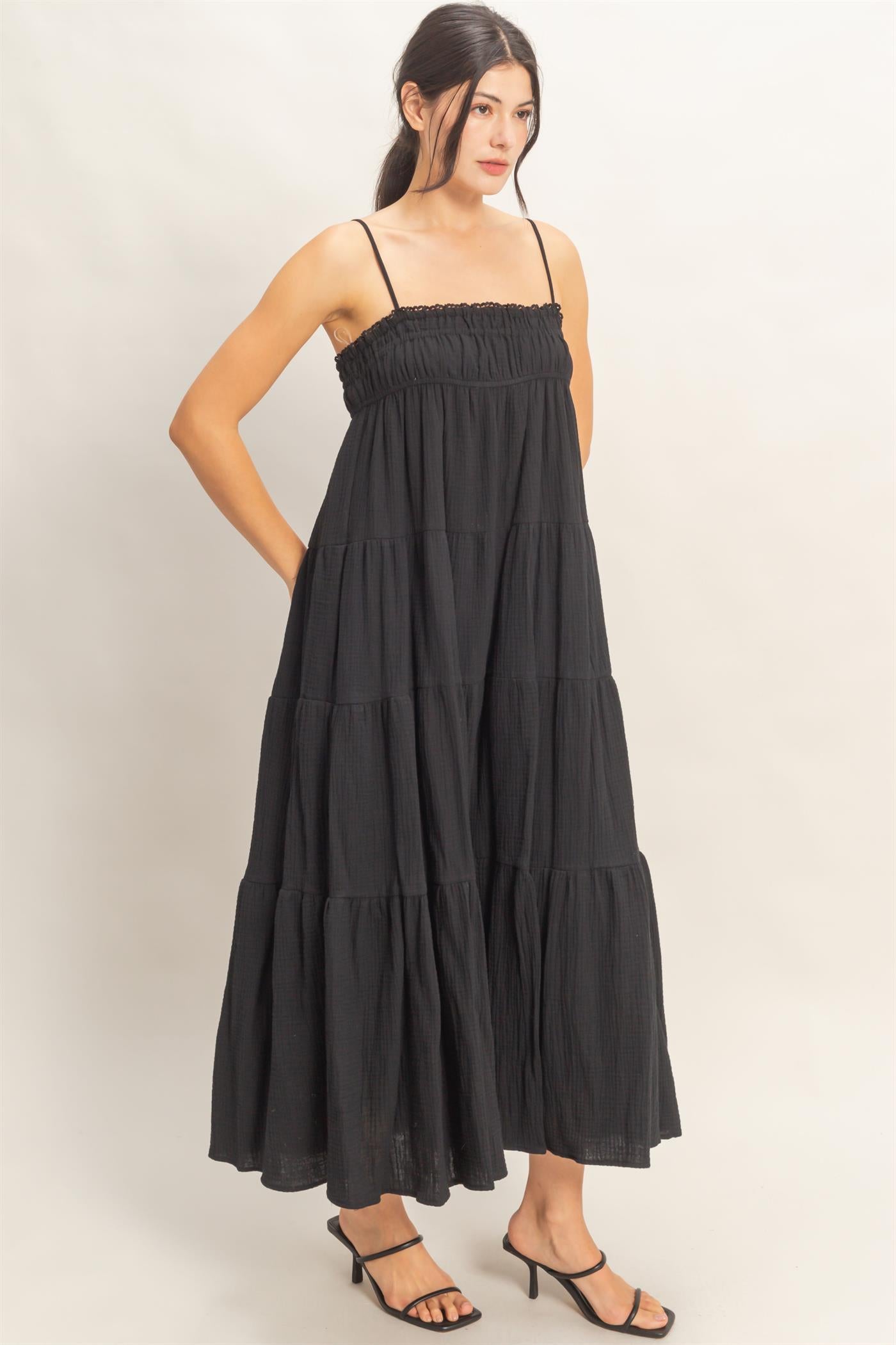 Wholesale Smocked Tiered Maxi Dress Dresses HF26C303 BLACK HYFVE