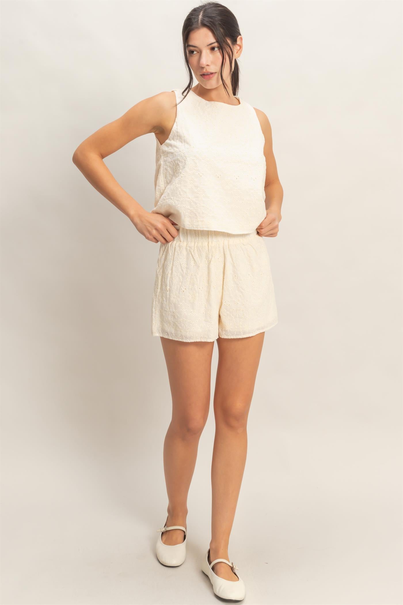 Wholesale Eyelet Sleeveless Top & Shorts Set Clothing HF26C216-SET CREAM HYFVE