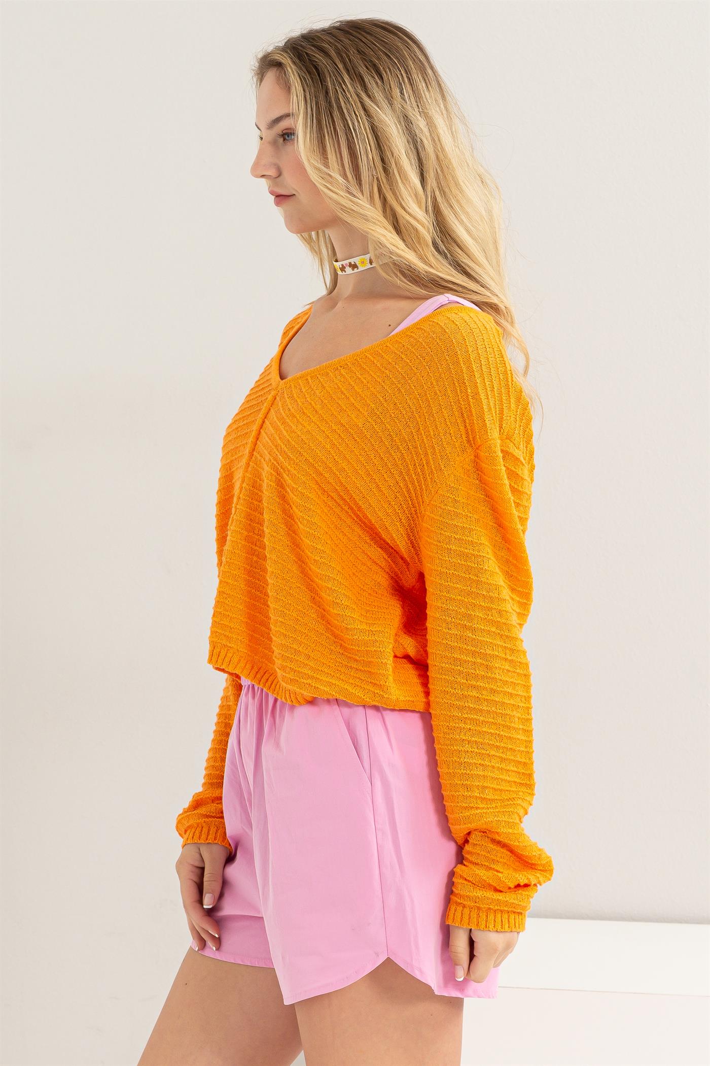 Wholesale V Neck Dropped Shoulder Sweater Clothing Tops DZ24A559 ORANGE DOUBLE ZERO