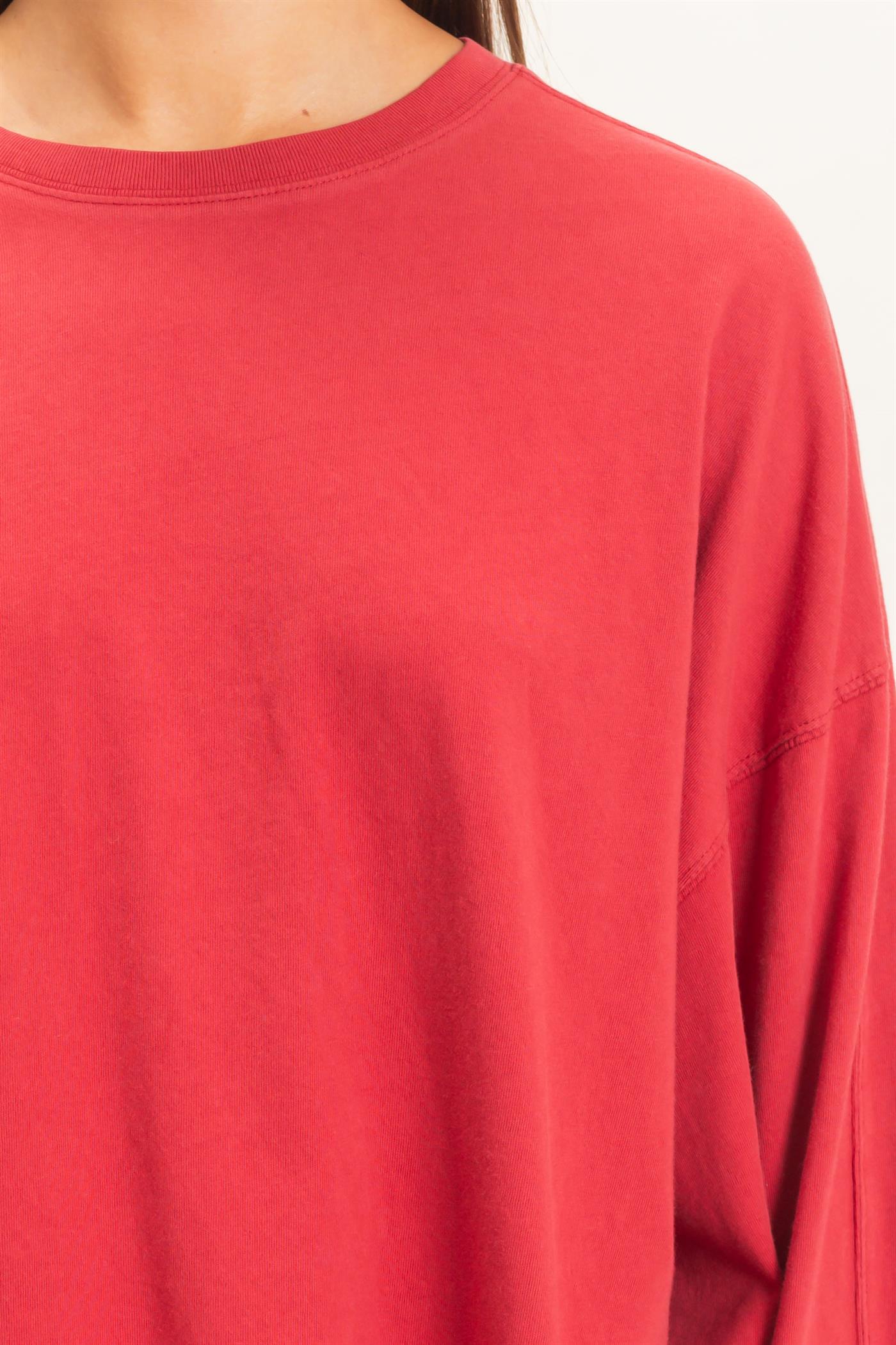 Wholesale Pigment Dye Oversized Long Sleeve Top Clothing Tops DZ26A825 DARK RED DOUBLE ZERO
