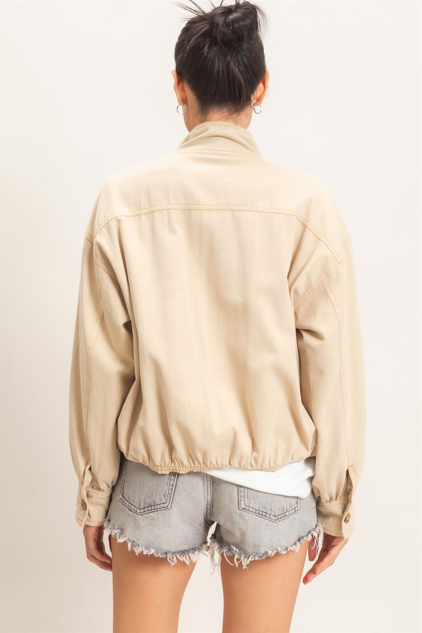 Wholesale High Collar Denim Bomber Jacket Coats & Jackets HF26E090-D BEIGE HYFVE