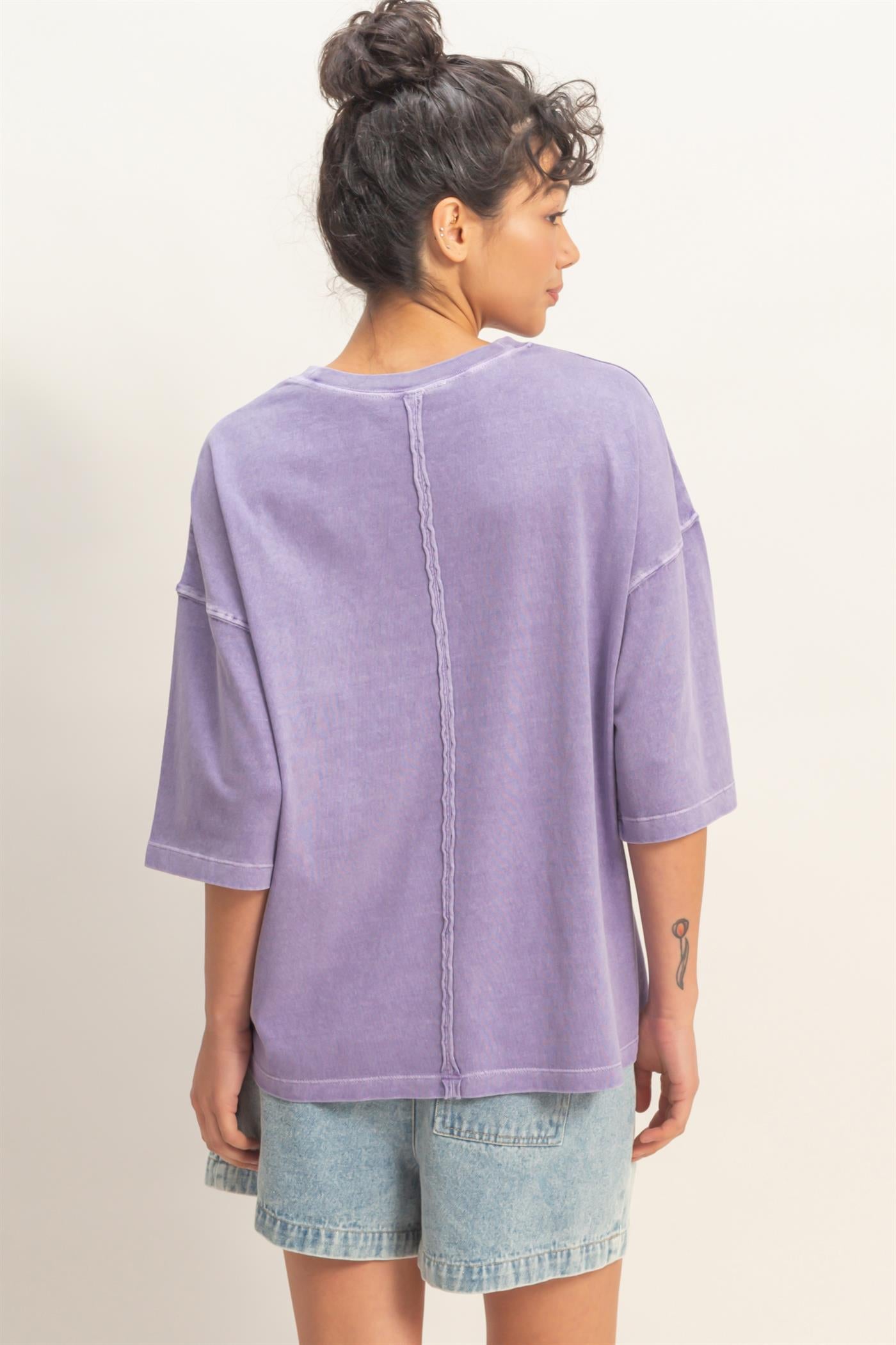 Wholesale Pigment Dye Oversized Half-Sleeve T-Shirt Clothing Tops DZ26A459 DUSTY PURPLE DOUBLE ZERO