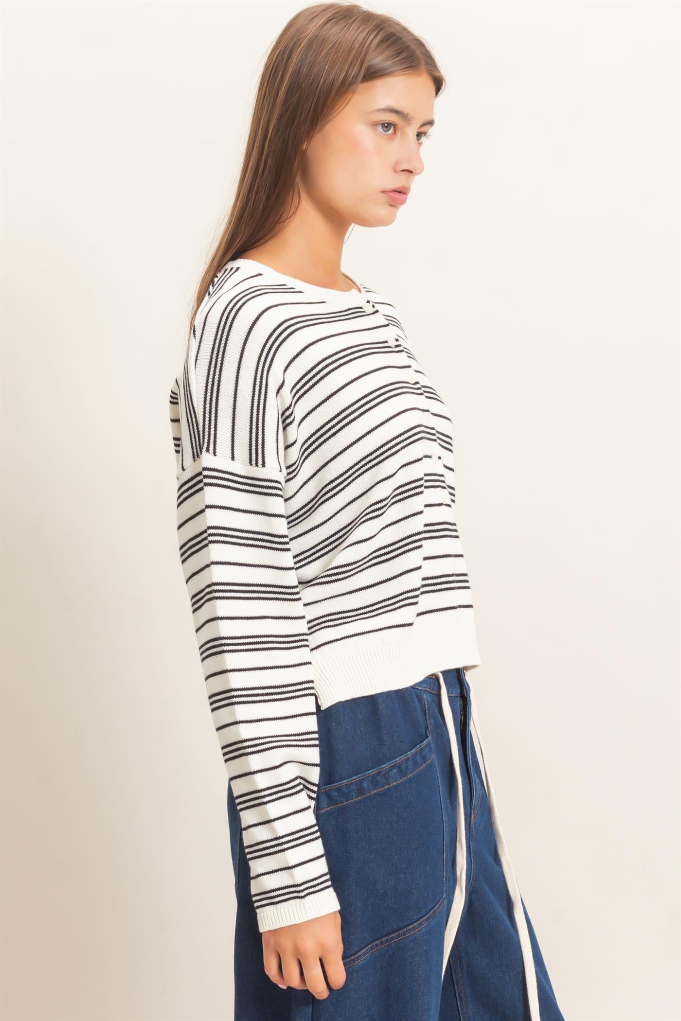 Wholesale Striped Henley Sweater Sweaters DZ26E113 CREAM DOUBLE ZERO