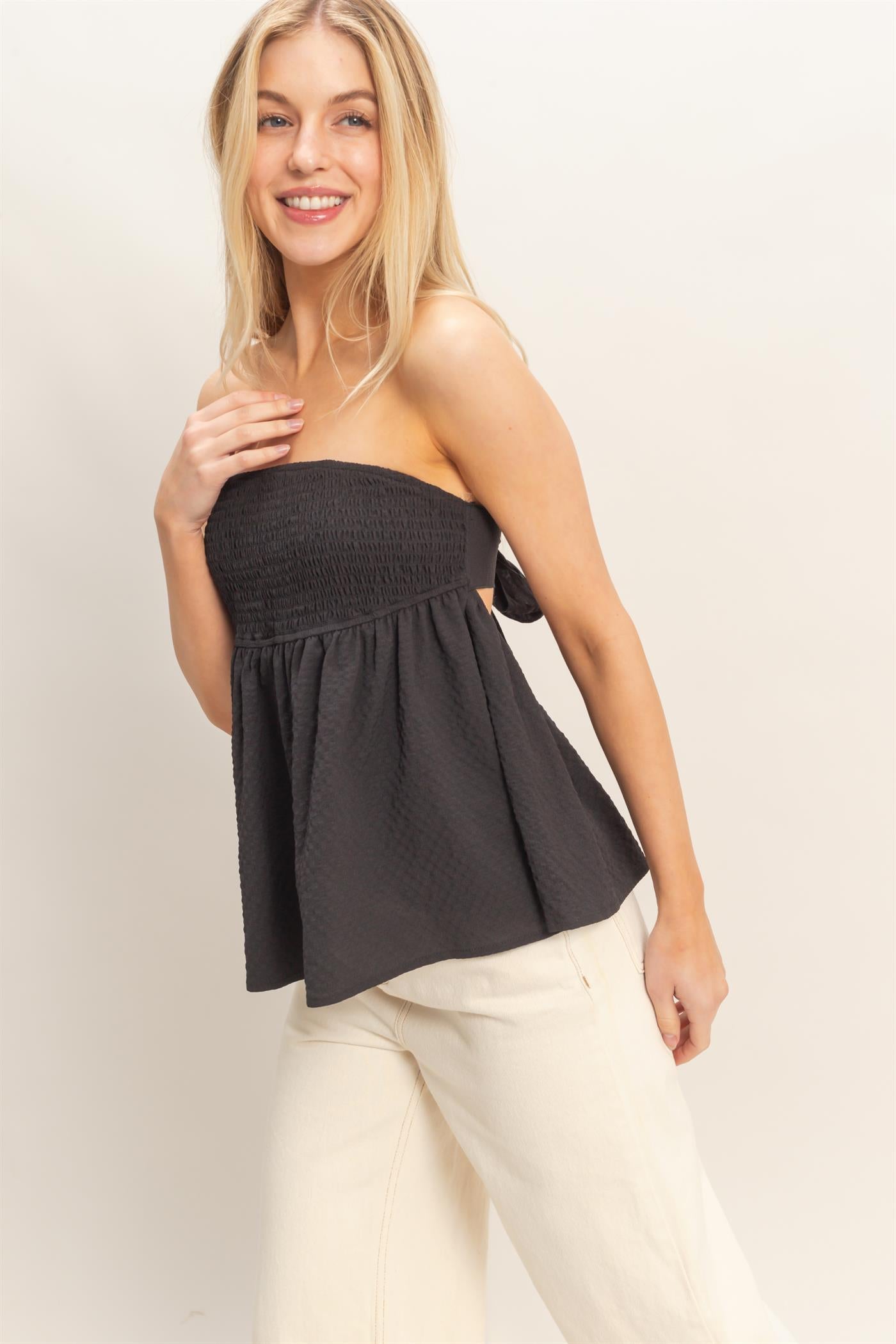Wholesale Smocked Tube Top With Tie Back Clothing Tops HF26A757 BLACK HYFVE