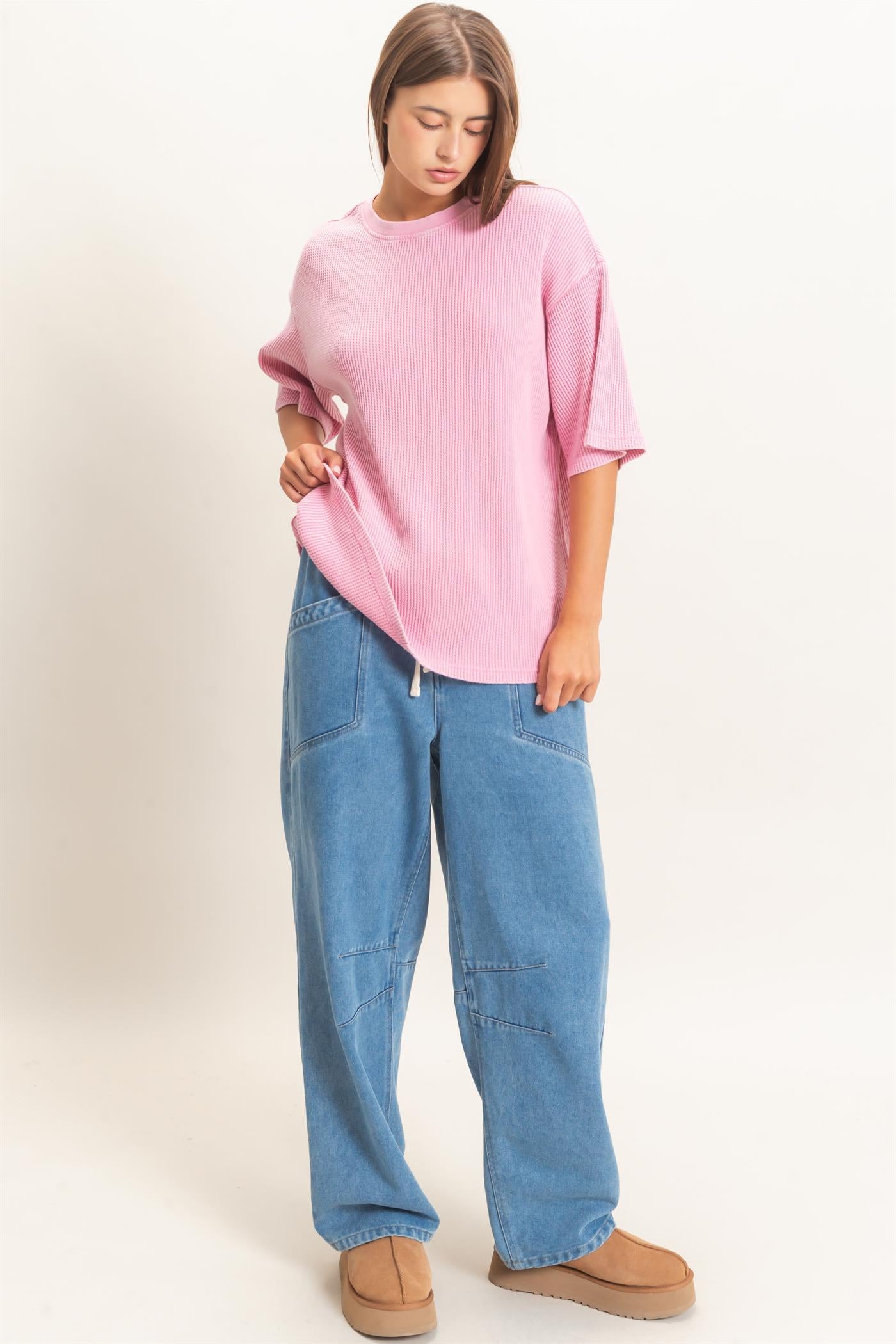 Wholesale Mineral Wash Waffle Crew Neck Short Sleeve Top Clothing Tops DZ26E328 PINK DOUBLE ZERO