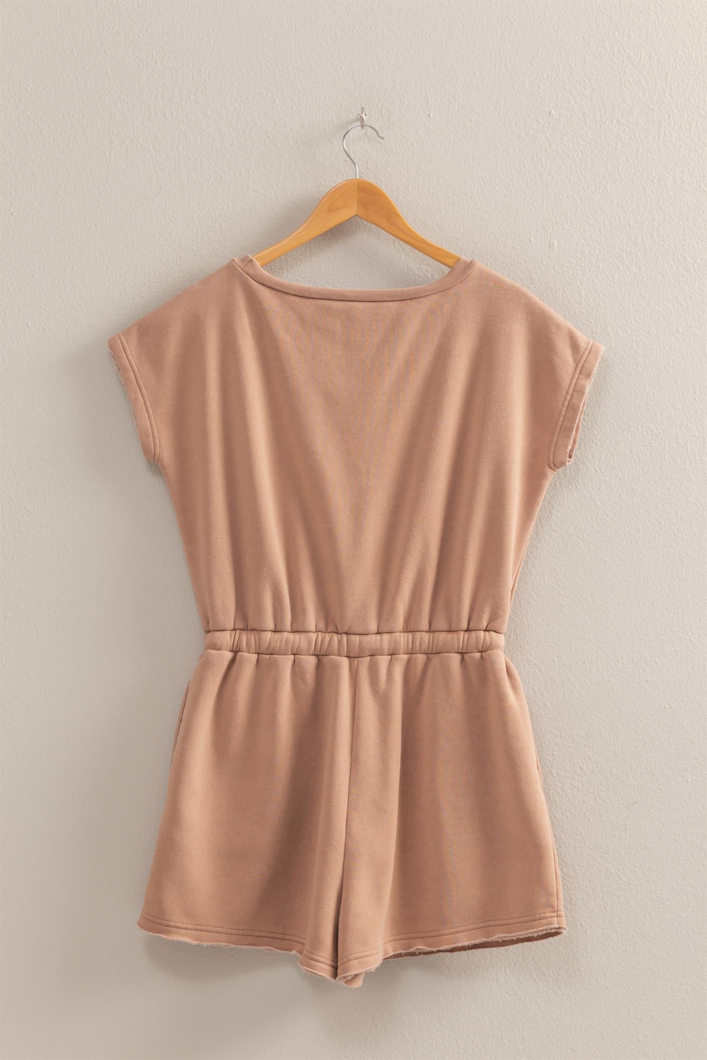 Wholesale Cap Sleeve Drawstring Waist Romper Clothing DZ25A782 DARK TAUPE DOUBLE ZERO
