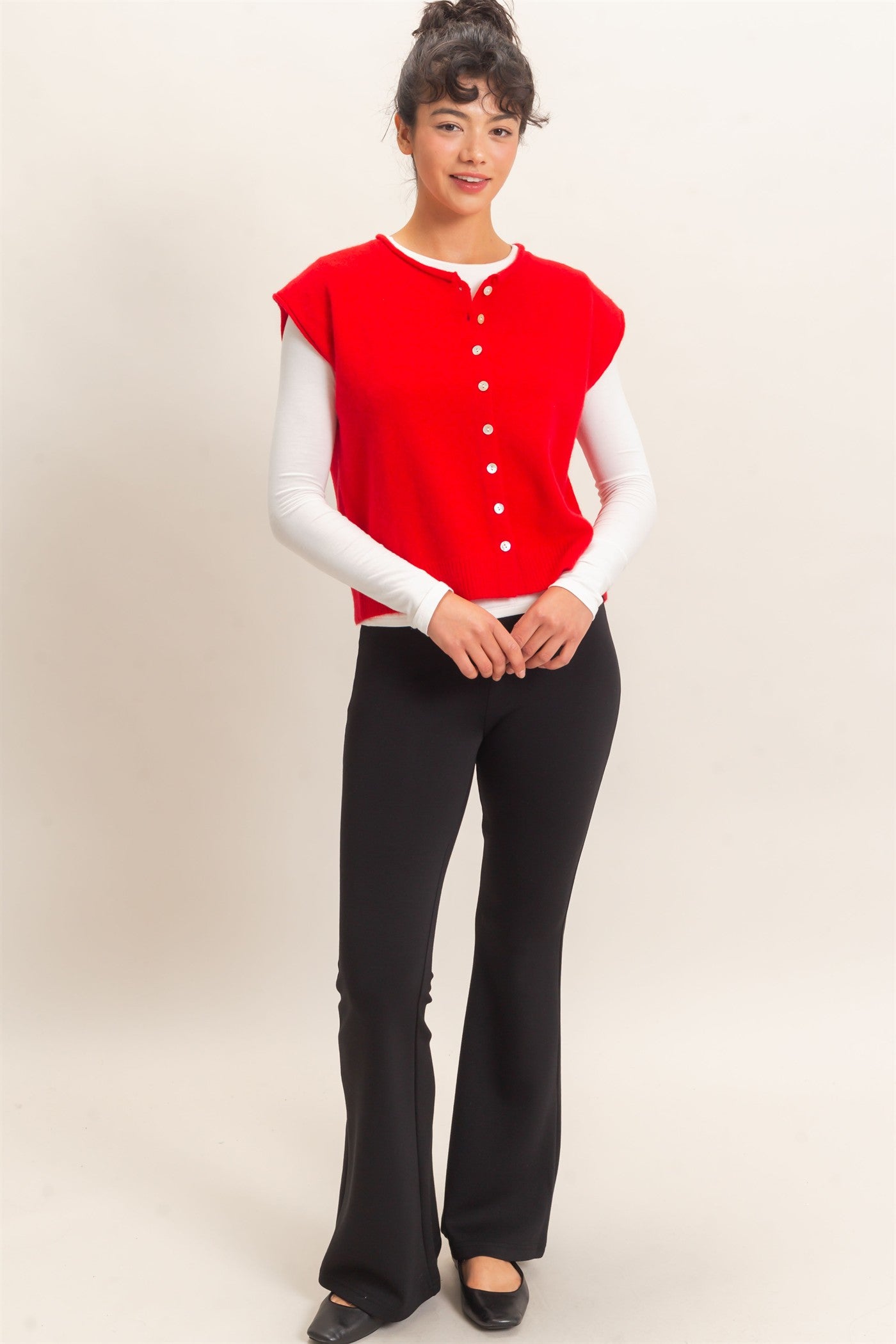 Wholesale Rolled Edge Button Front Sweater Vest Sweaters DZ26E239 RED DOUBLE ZERO