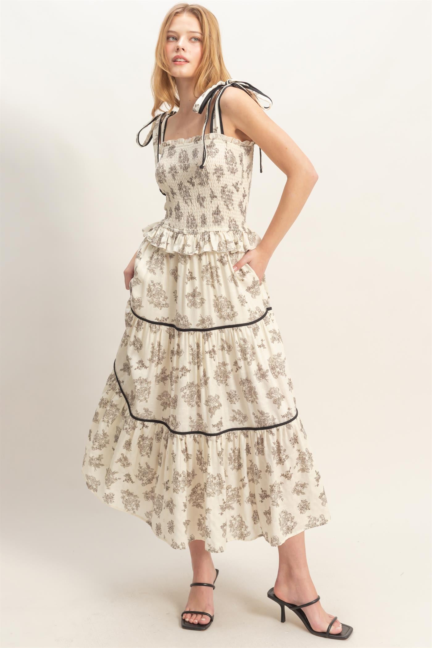 Wholesale Floral Tiered Sundress Dresses HF26A492-D BLACK HYFVE