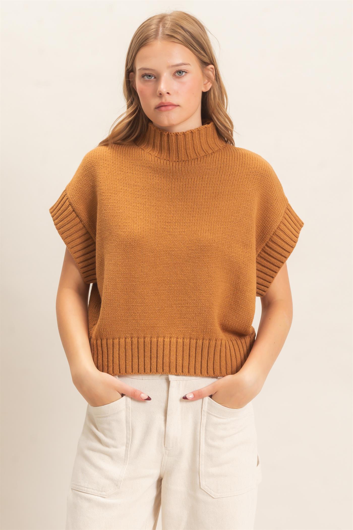 Wholesale Ribbed Mock Neck Sweater Vest Sweaters HF26F186-D BROWN HYFVE