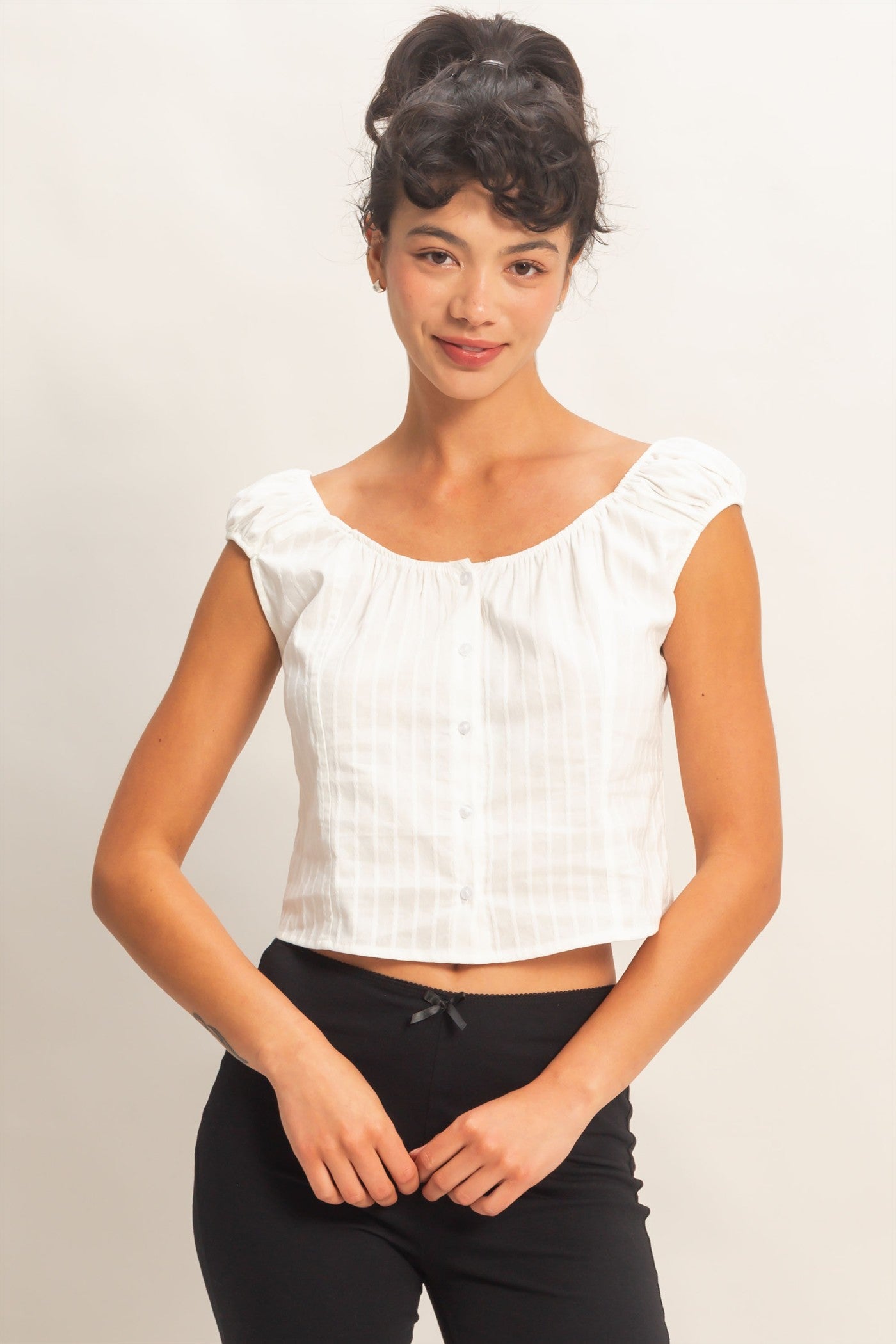 Wholesale Button Front Scoop Neck Cap Sleeve Top Blouses DZ26C199 WHITE DOUBLE ZERO