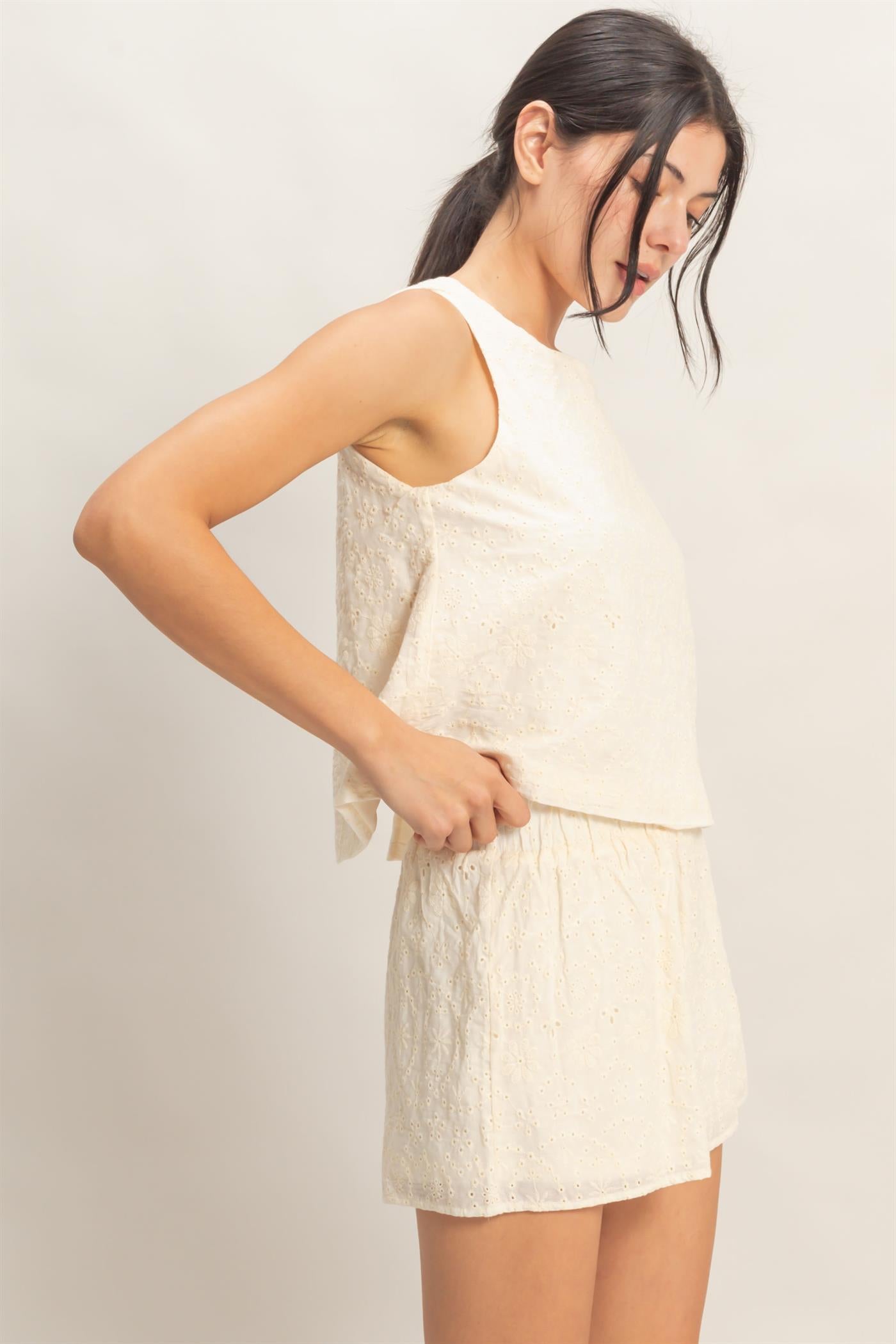 Wholesale Eyelet Sleeveless Top & Shorts Set Clothing HF26C216-SET CREAM HYFVE