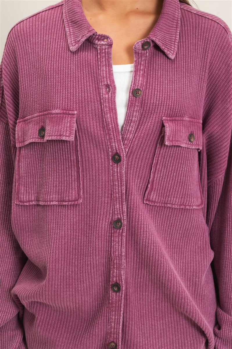 Wholesale Mineral Wash Waffle Knit Button-Up Shacket Coats & Jackets DZ26E249 DARK CHERRY DOUBLE ZERO