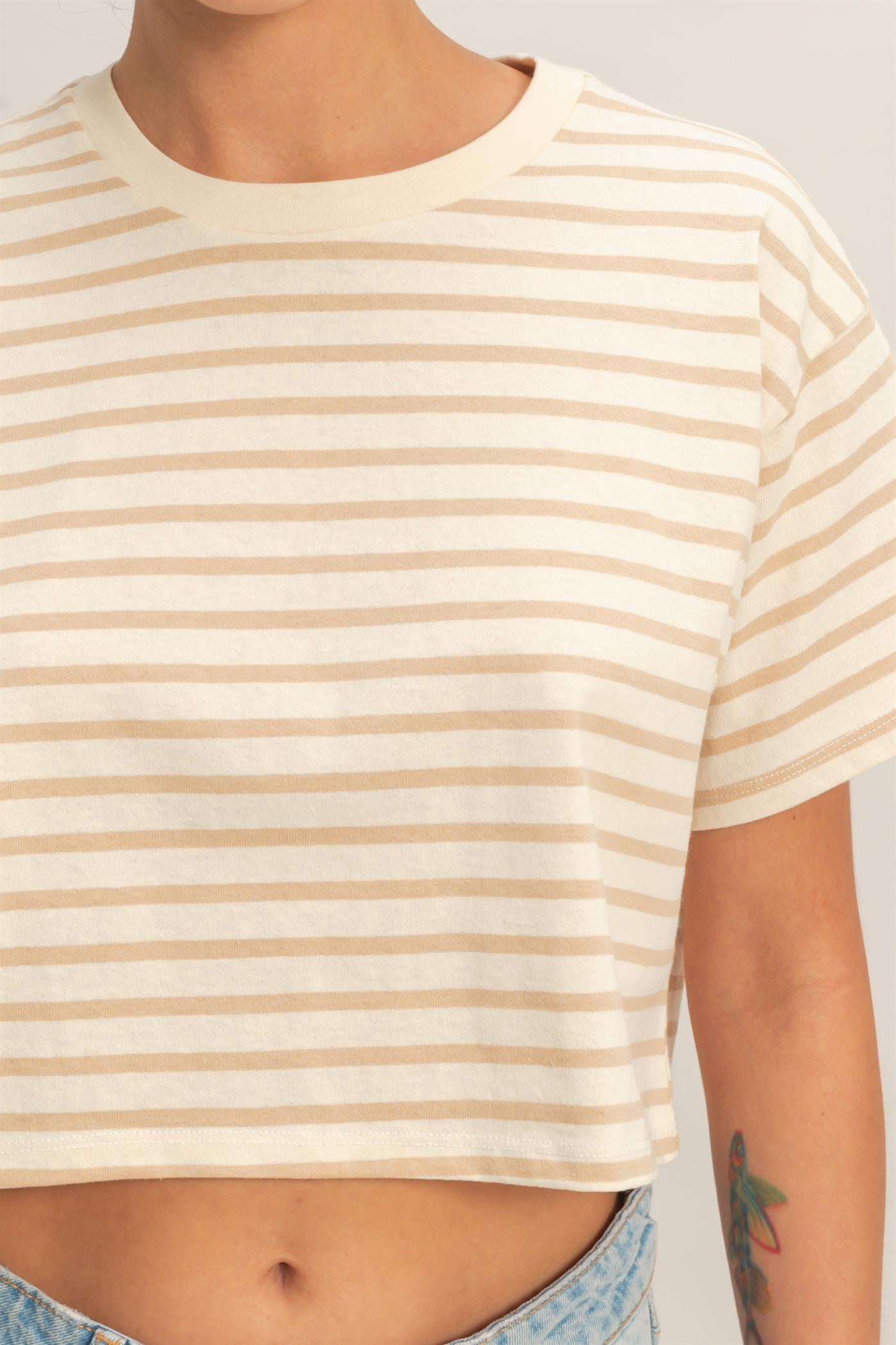 Wholesale Striped Oversized Short Sleeve Cropped Tee Clothing Tops DZ26C023 TAUPE DOUBLE ZERO