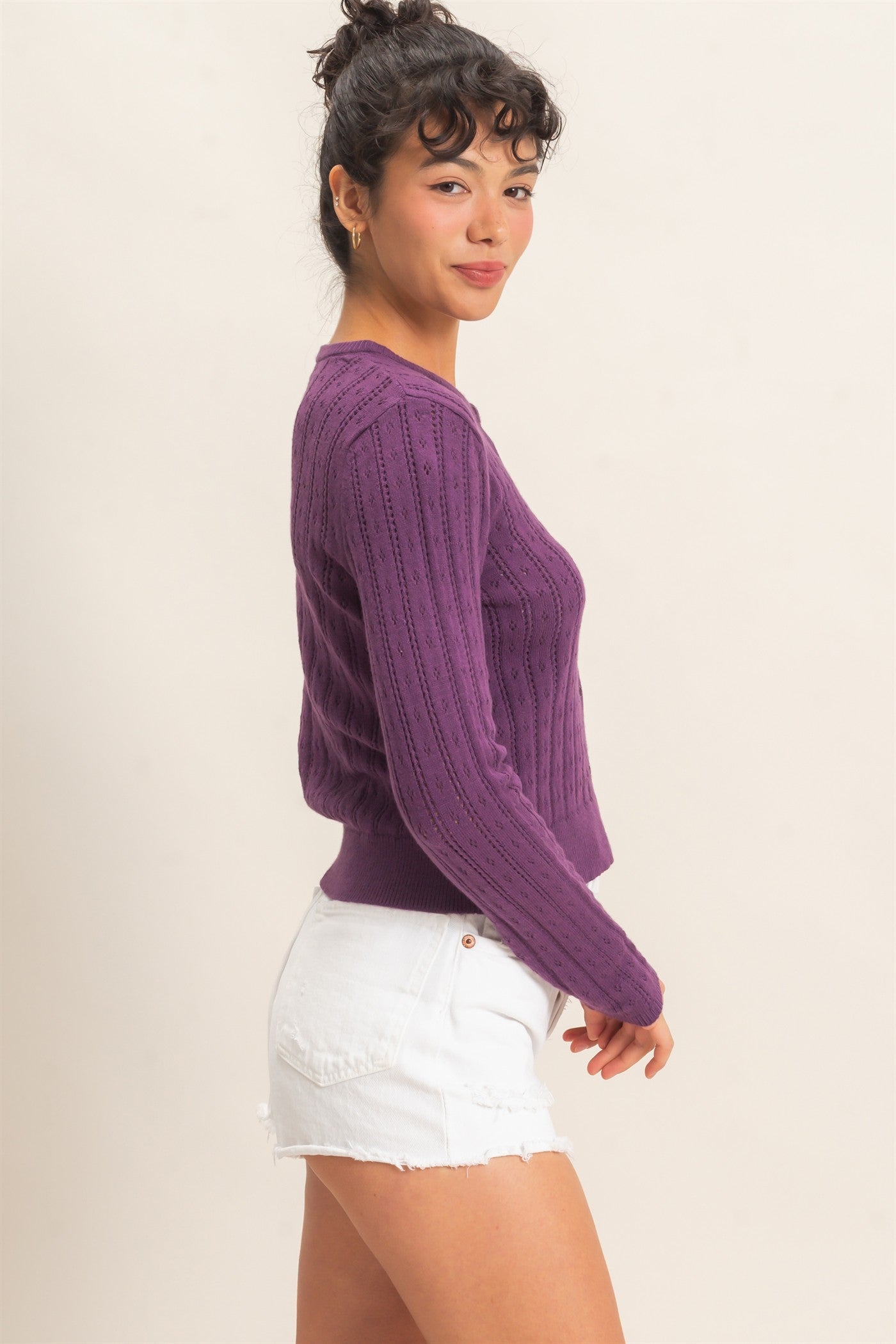 Wholesale Pointelle Button-Down Cardigan Cardigans DZ26E302 PLUM DOUBLE ZERO