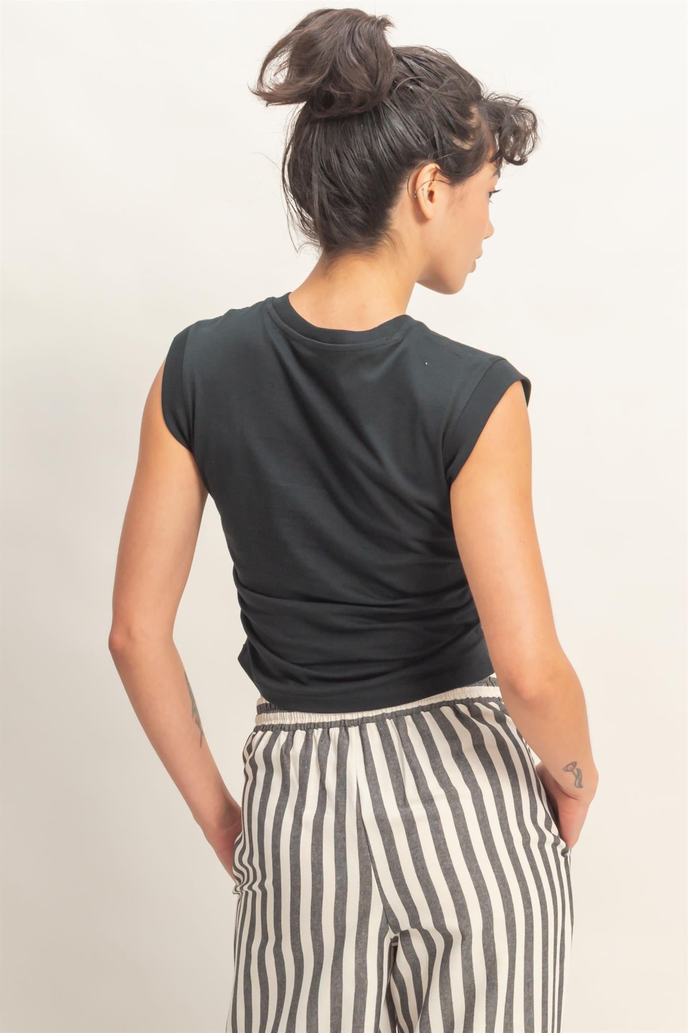 Wholesale Ruched Waist Sleeveless Cotton Top Clothing Tops DZ26C520 BLACK DOUBLE ZERO