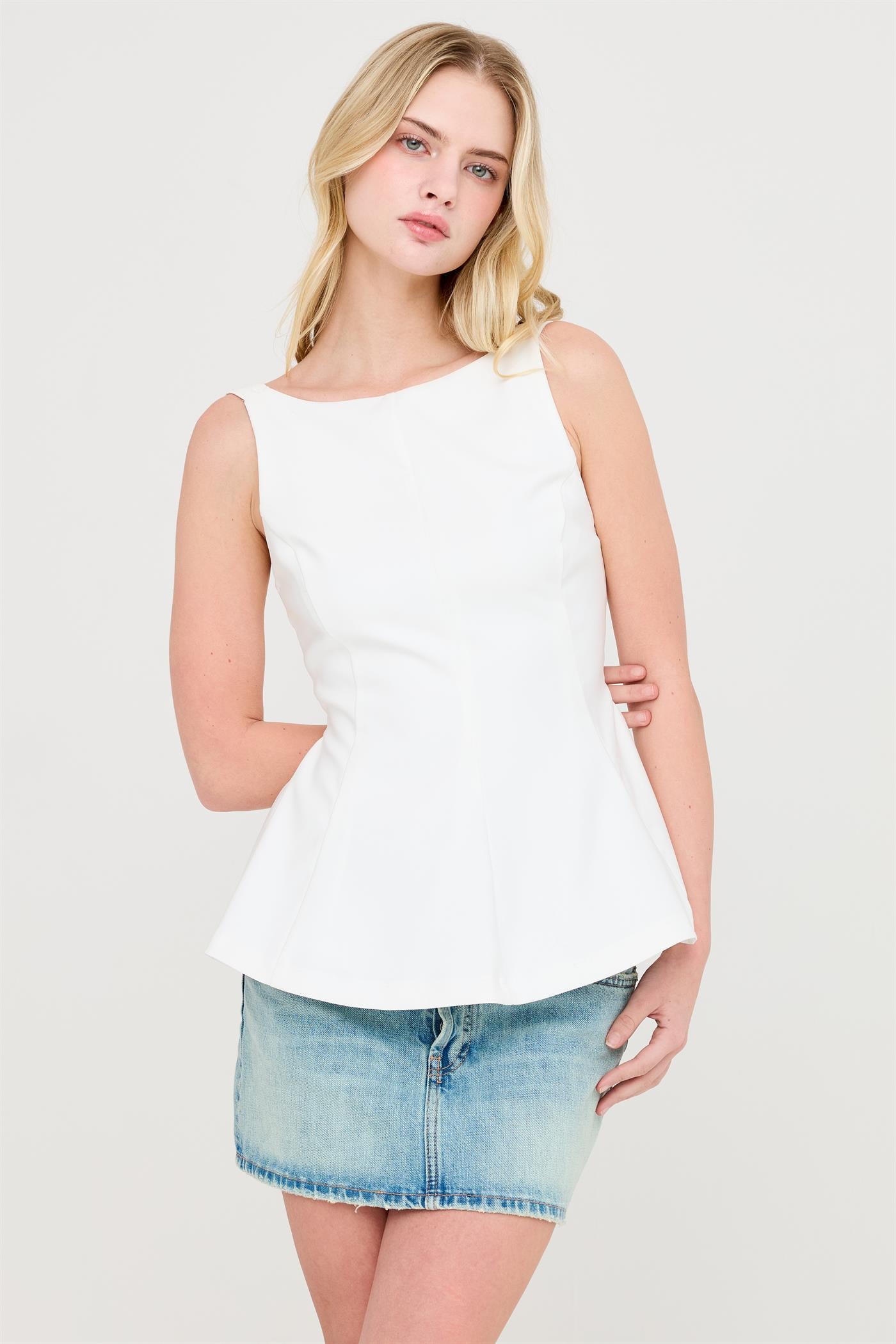 Wholesale Sleeveless Open Back Peplum Top Clothing Tops HF26A292 WHITE HYFVE