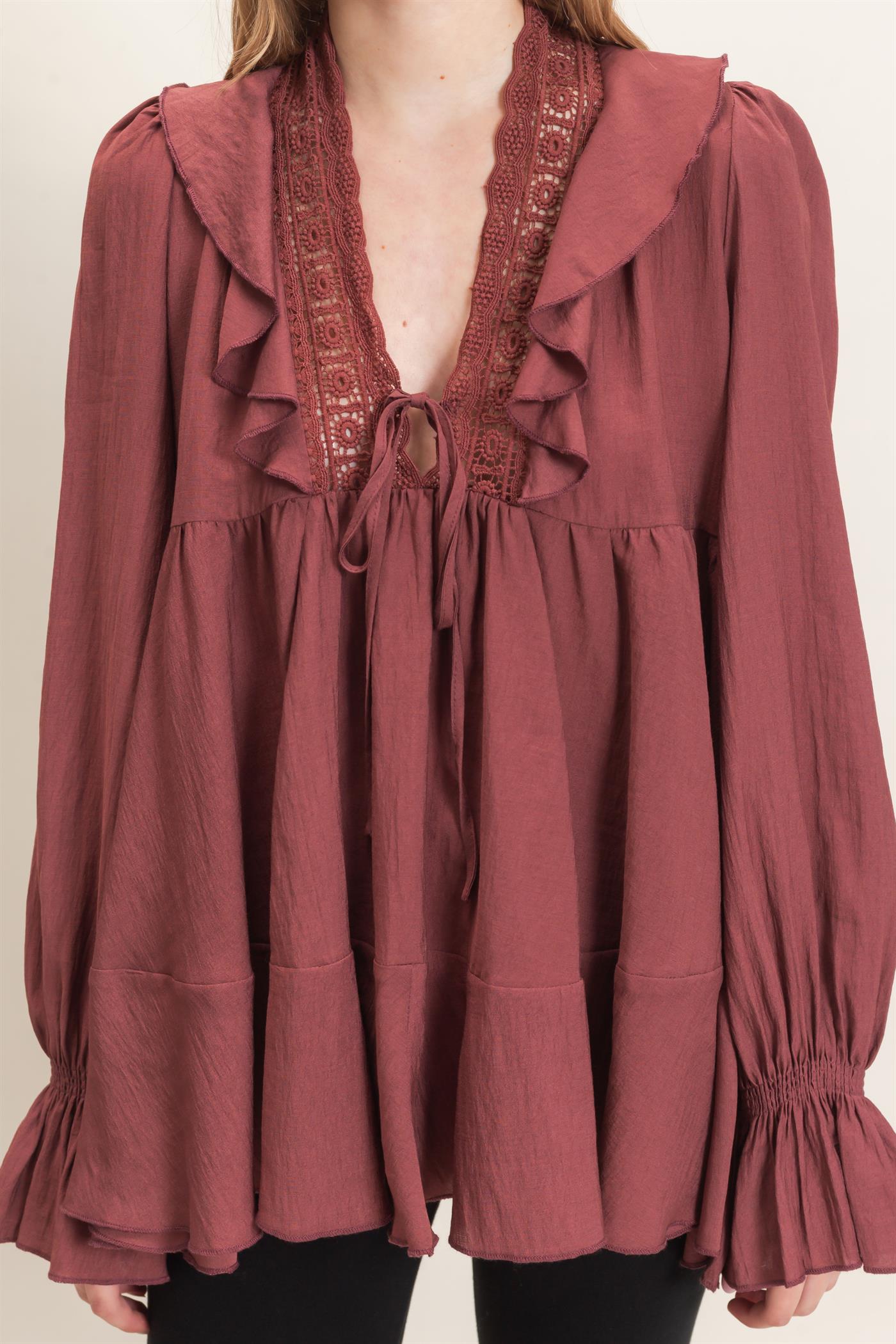 Wholesale Ruffle Lace Tie Neck Blouse Tunics HF26E642 MAROON HYFVE