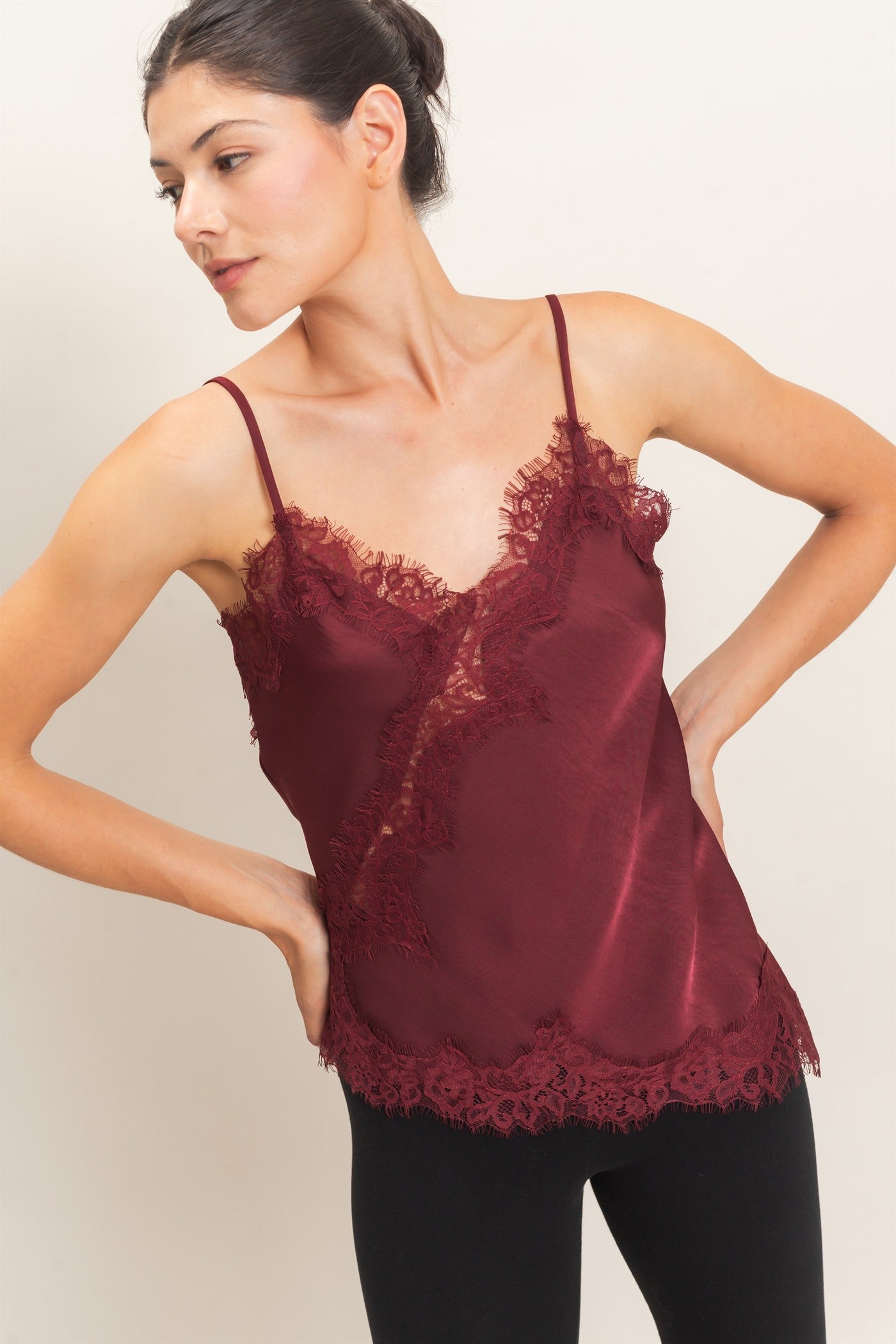 Wholesale Asymmetrical Satin Lace Top Camisoles HF26C945-D BURGUNDY HYFVE