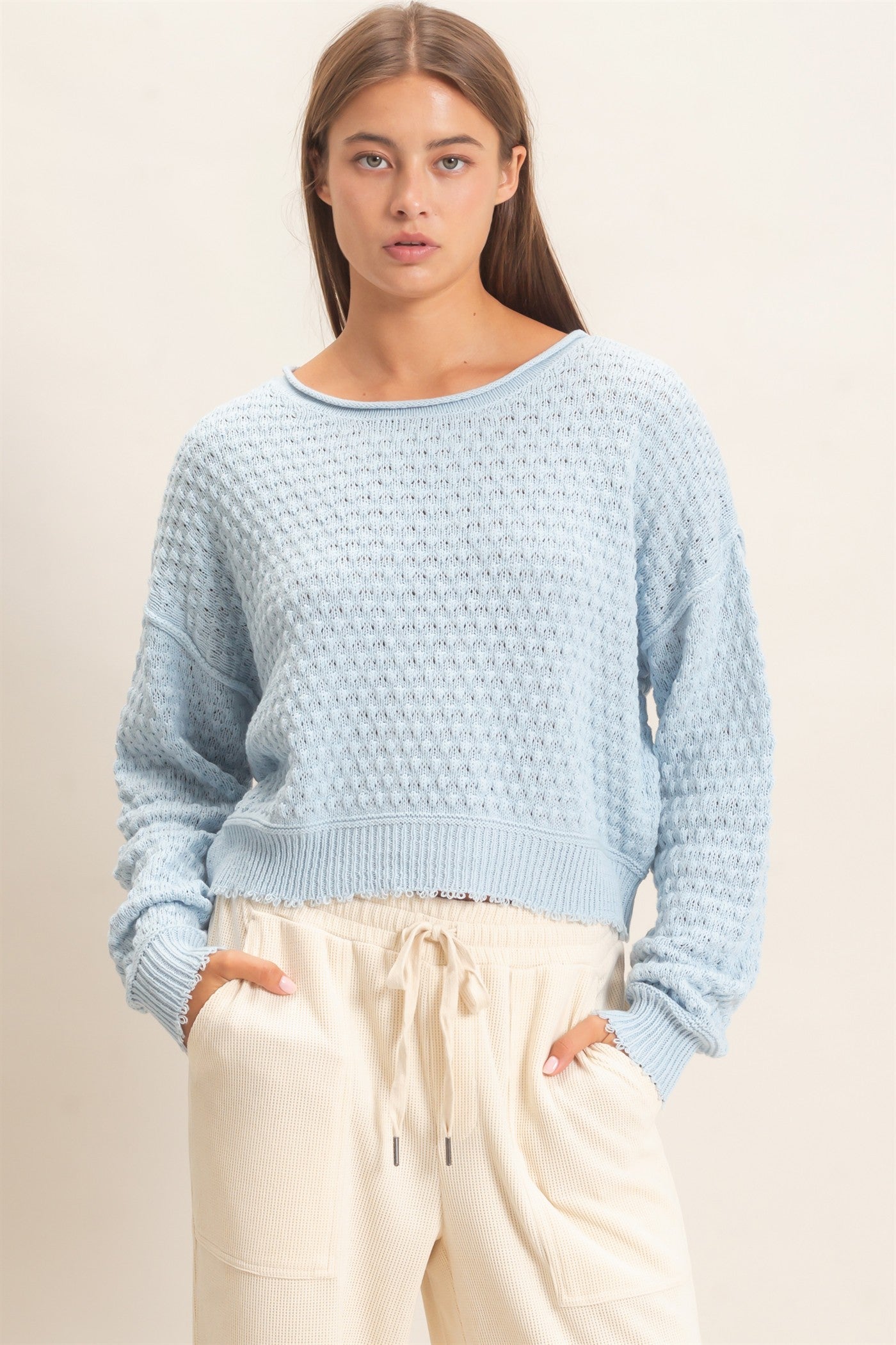 Wholesale Textured Boat Neck Sweater Sweaters DZ26E880 ICE BLUE DOUBLE ZERO