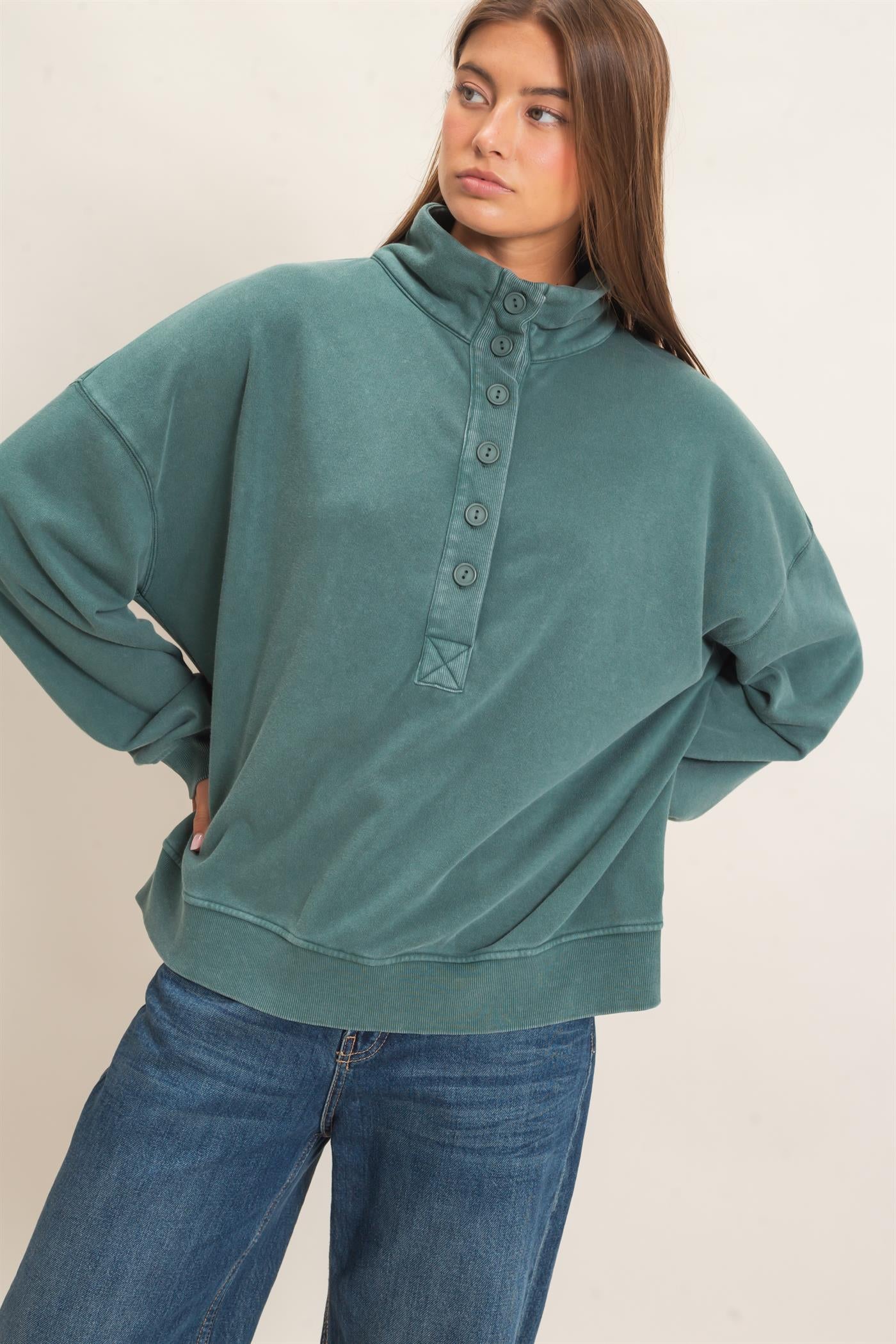 Wholesale Mineral Wash Button Front Sweatshirt Sweatshirts DZ26C909 DARK GREEN DOUBLE ZERO