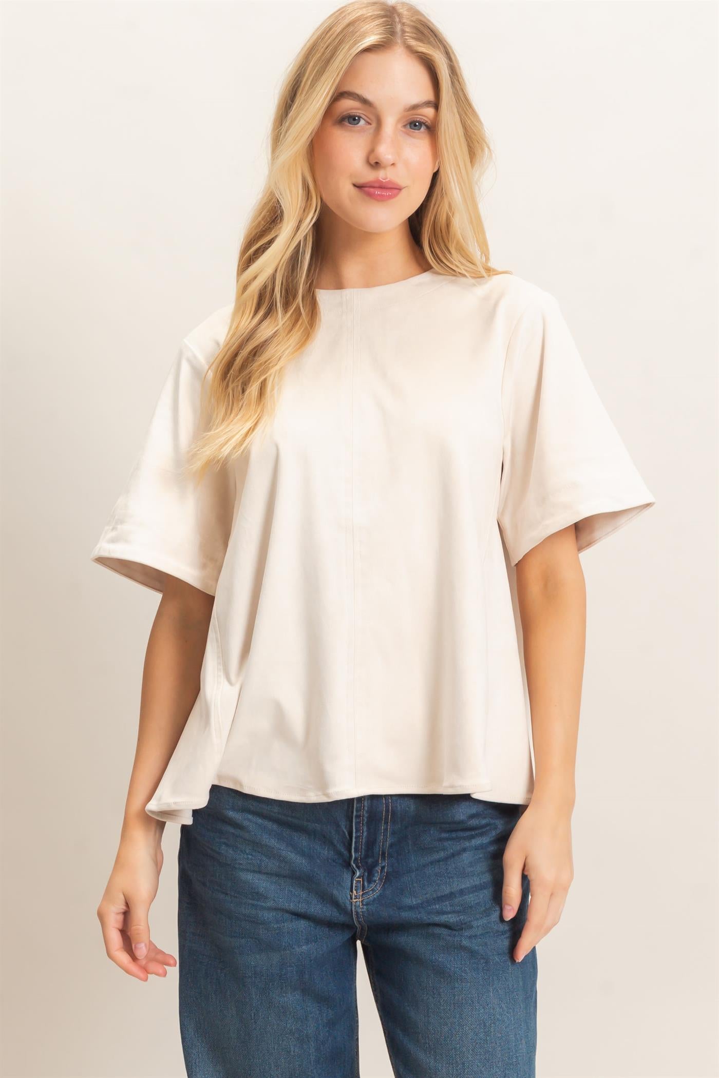 Wholesale Suede Boat Neck Top Clothing Tops HF26E351 CREAM HYFVE
