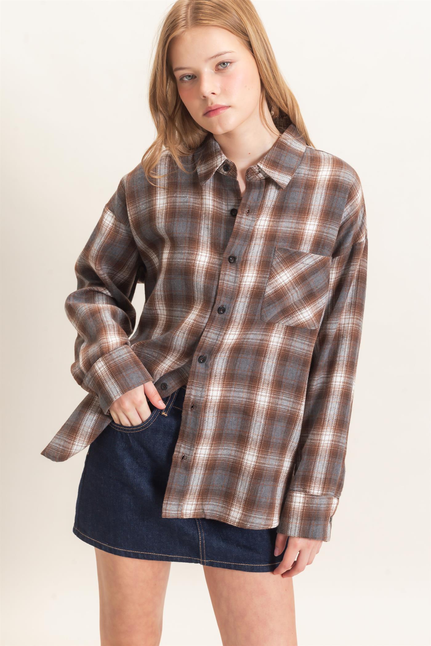 Wholesale Plaid Button-Up Shirt Clothing Tops HF26F017 BROWN HYFVE