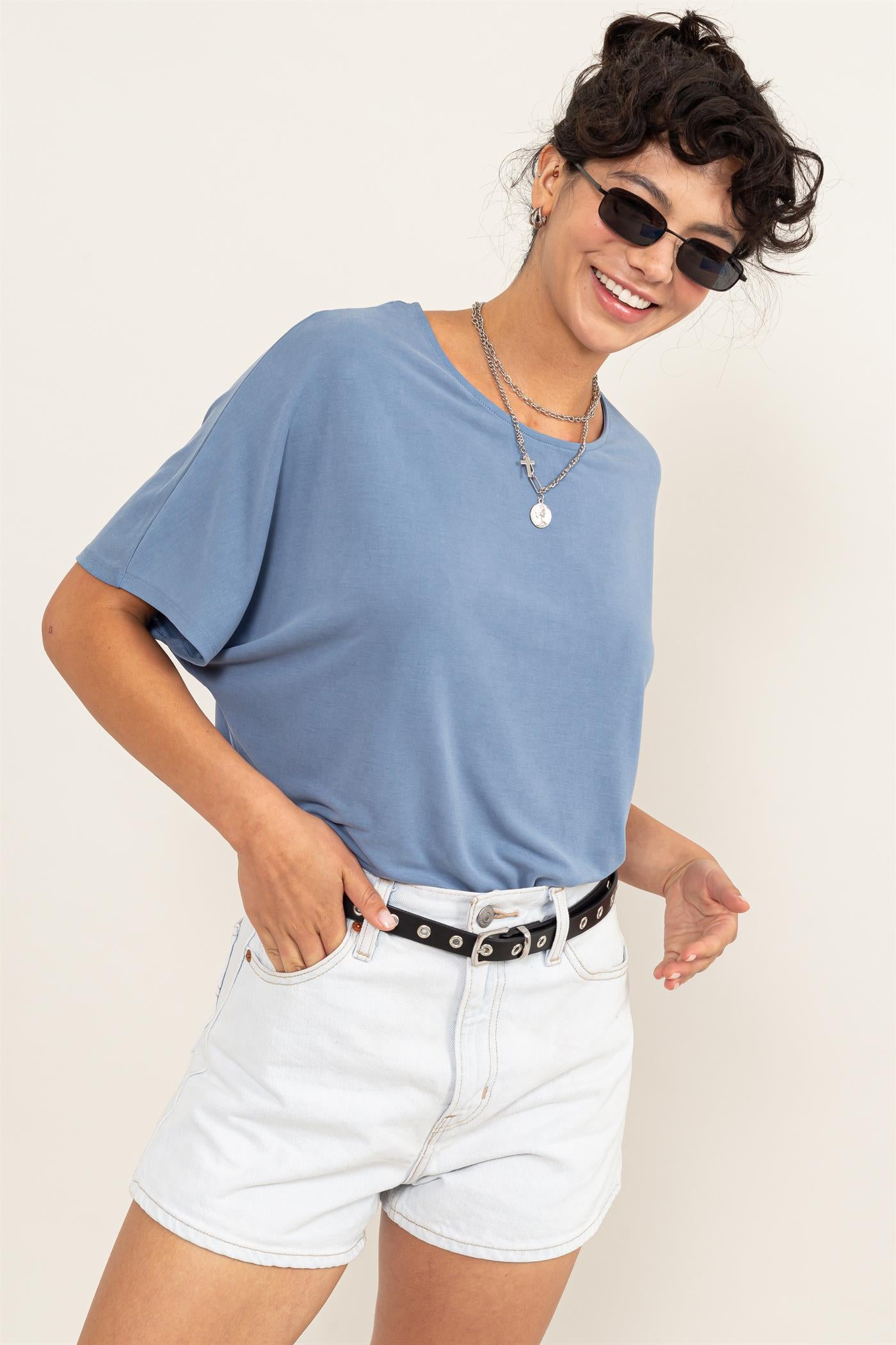 Wholesale D-Elbow Length Dolman Sleeve Top Clothing Tops DZ24C199-D GRAY BLUE DOUBLE ZERO