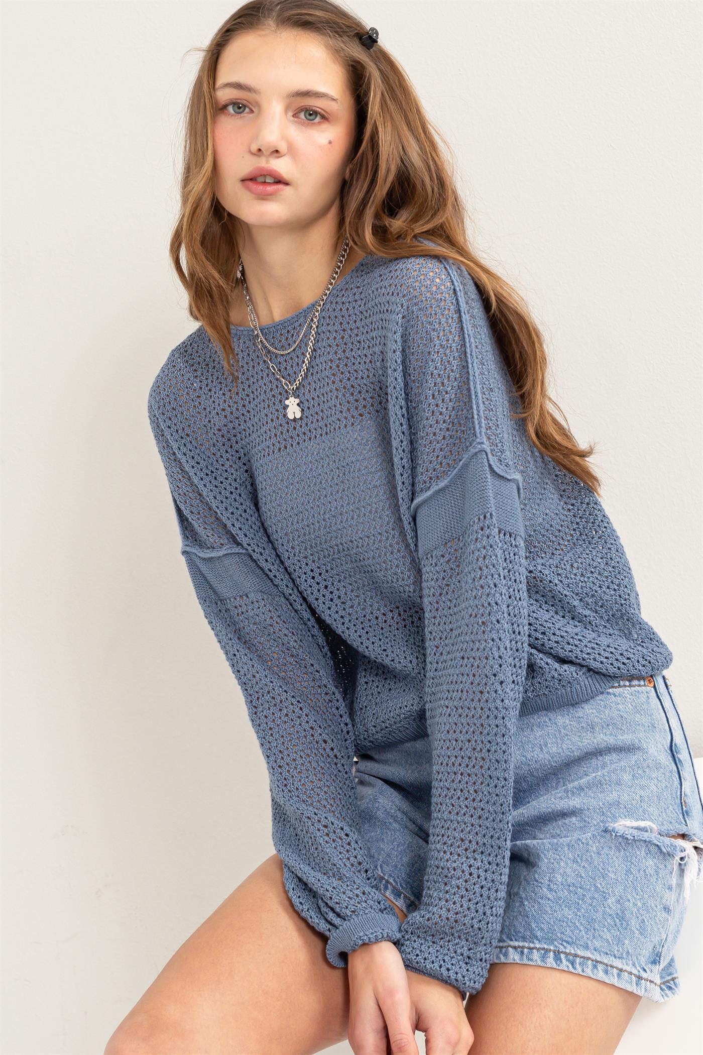 Wholesale Open Knit Drop Shoulder Sweater Clothing Tops DZ24C033 GRAY BLUE DOUBLE ZERO