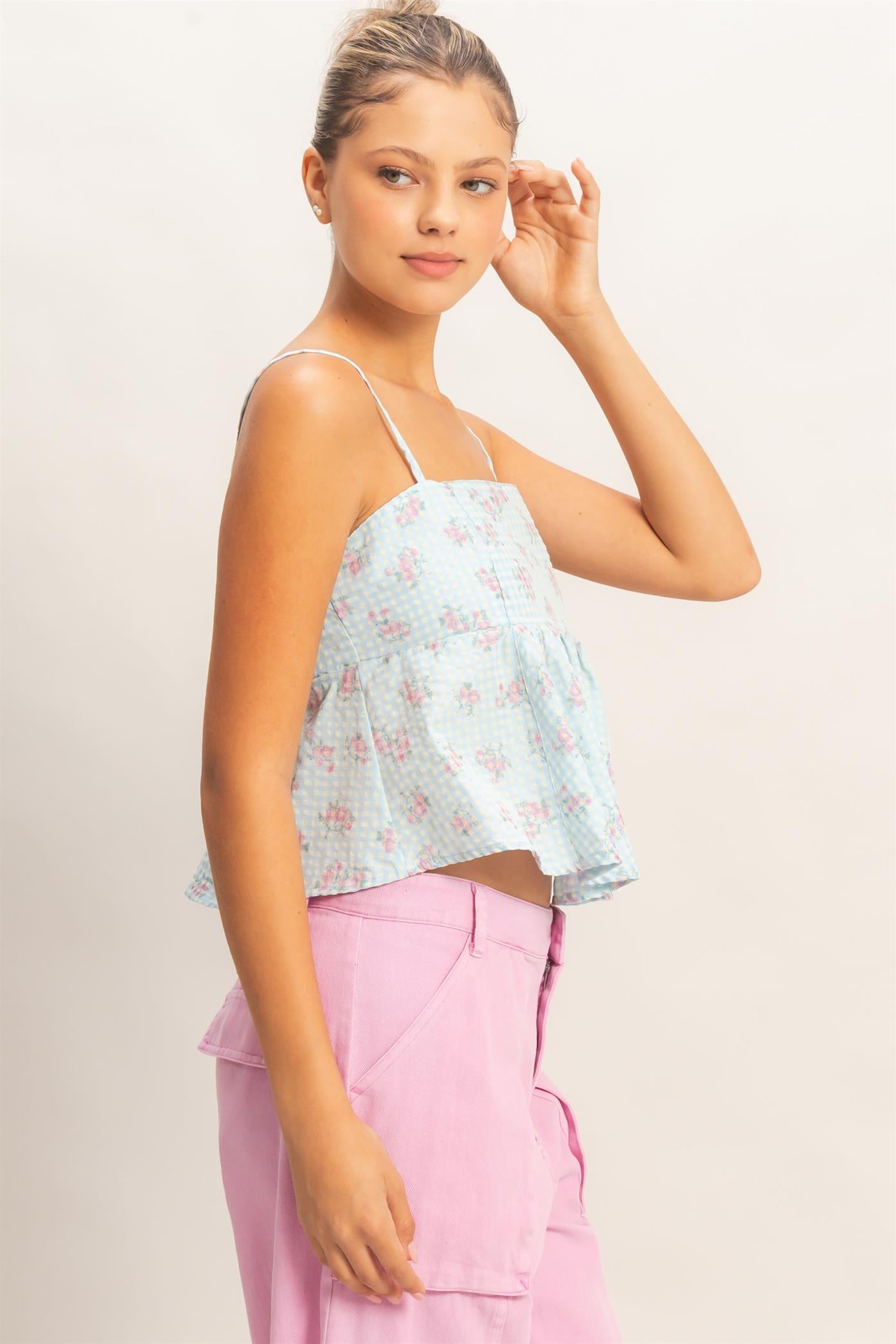 Wholesale Floral Seersucker Babydoll Top Clothing Tops HF26A416 BLUE HYFVE