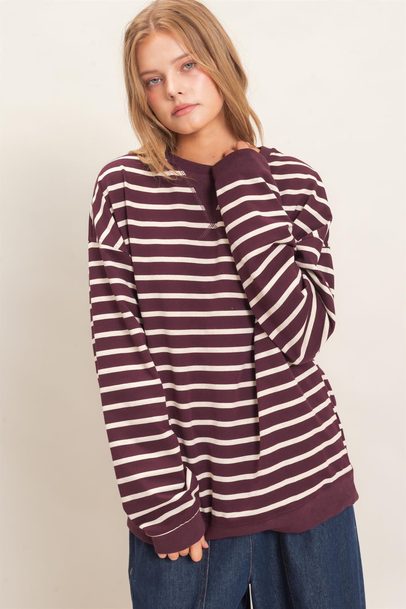 Wholesale Striped Long Sleeve Pullover Sweatshirts HF26F077 RASPBERRY/ECRU HYFVE