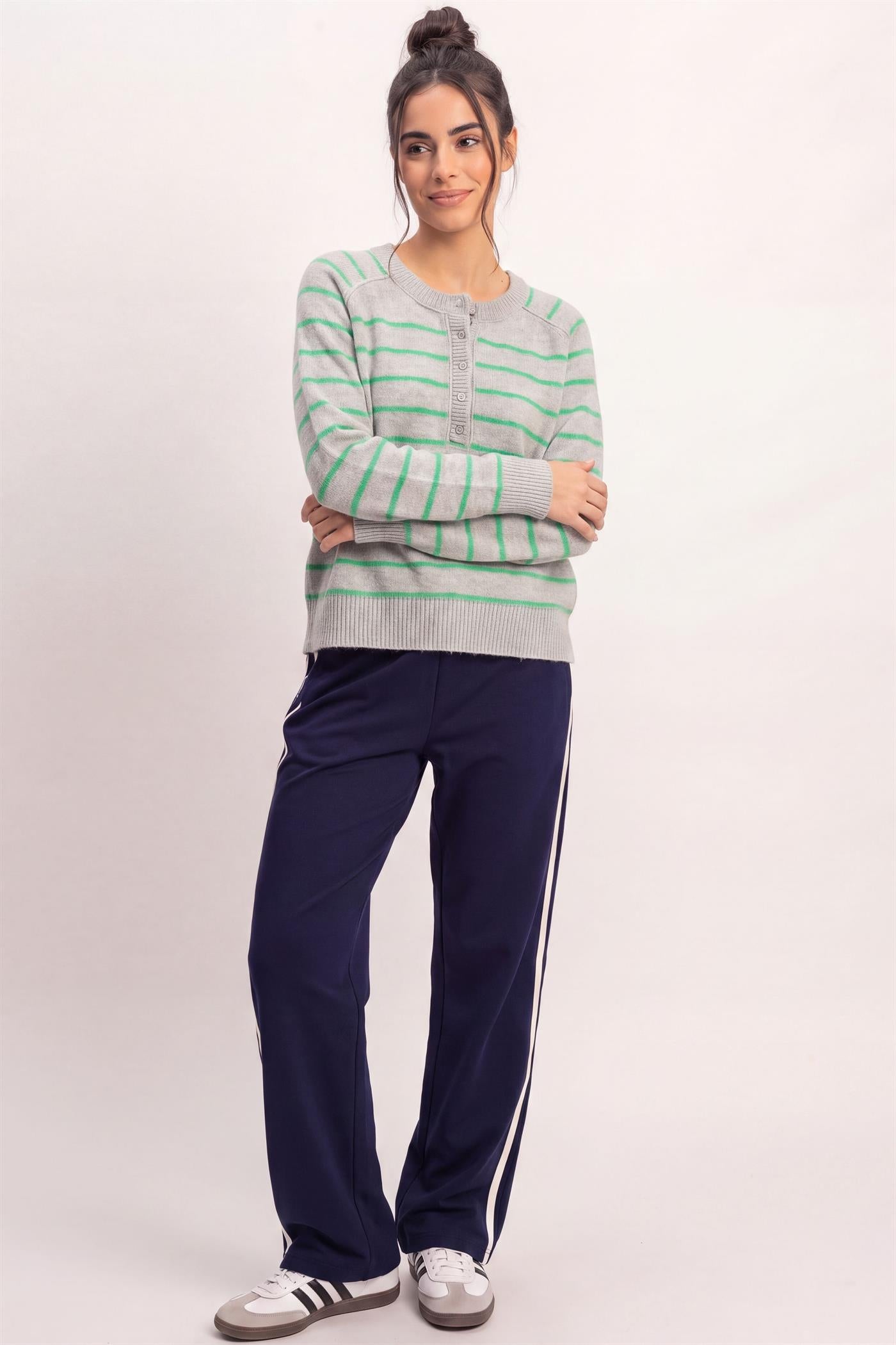 Wholesale Stripe Henley Sweater Sweaters DZ26F002 HEATHER GRAY DOUBLE ZERO