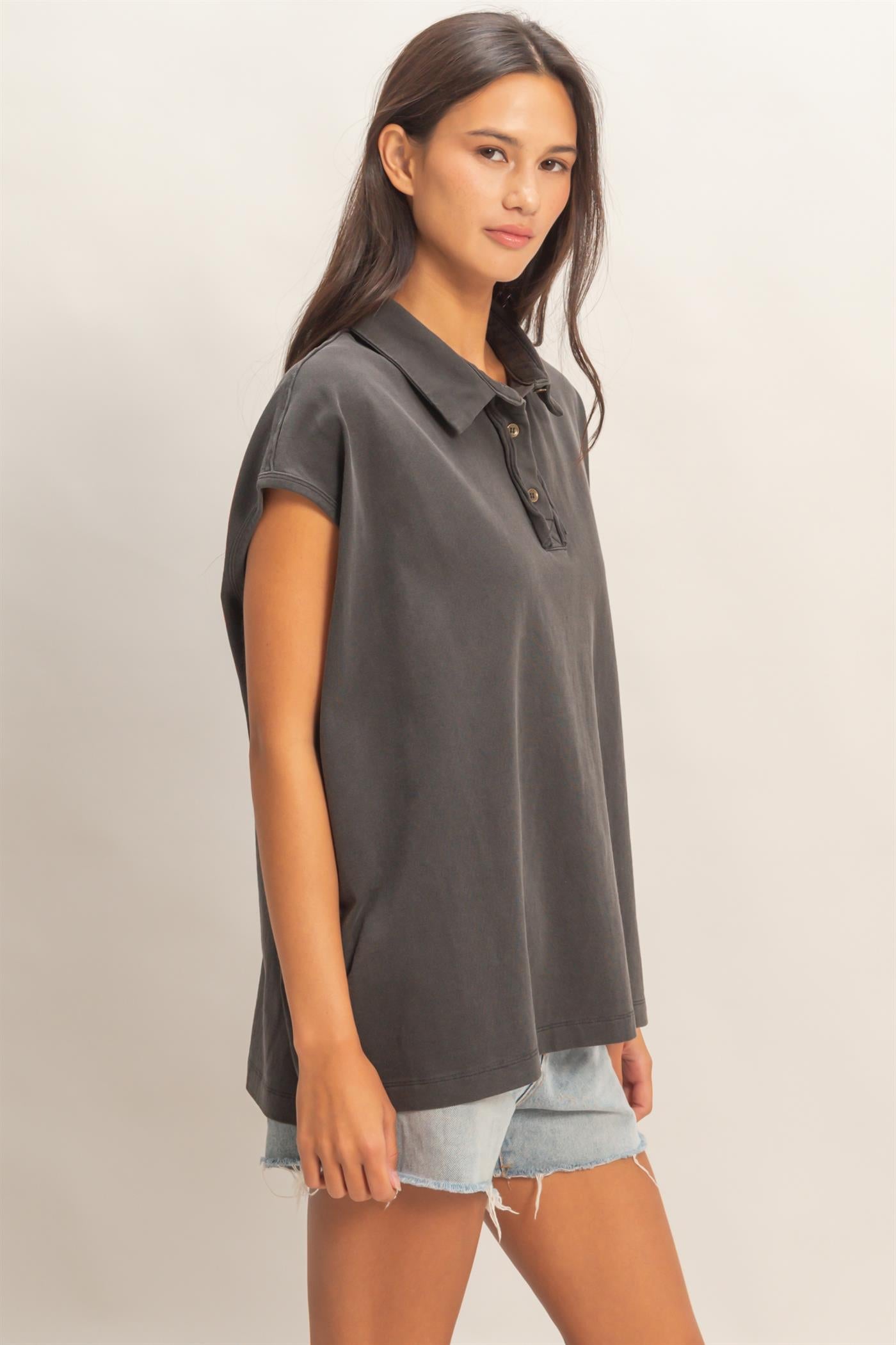 Wholesale Pigment Dye Sleeveless Polo Oversized Top Clothing Tops DZ26C618 BLACK DOUBLE ZERO