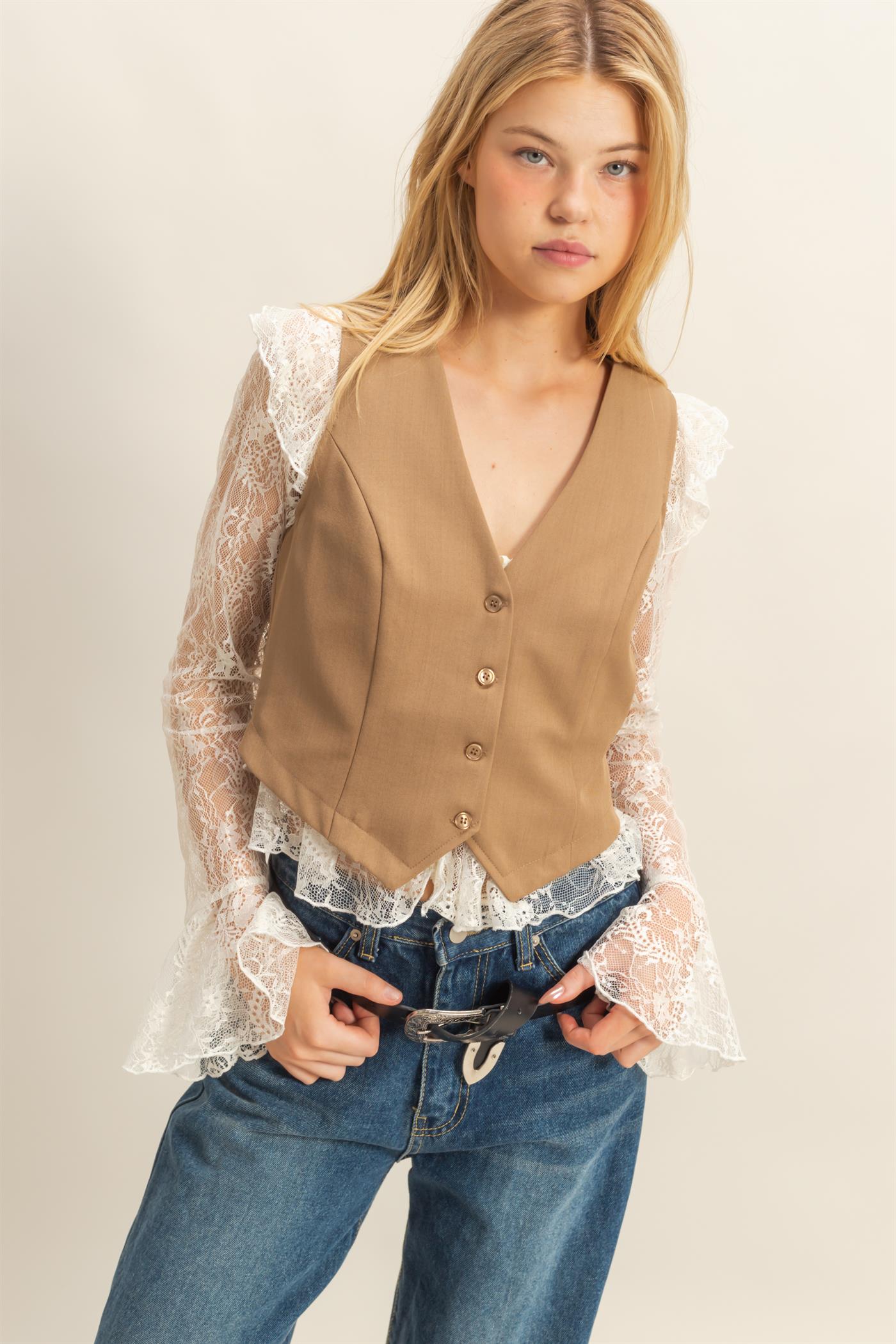 Wholesale Chic Sleeveless Vest Clothing Tops HF25C893 BROWN HYFVE