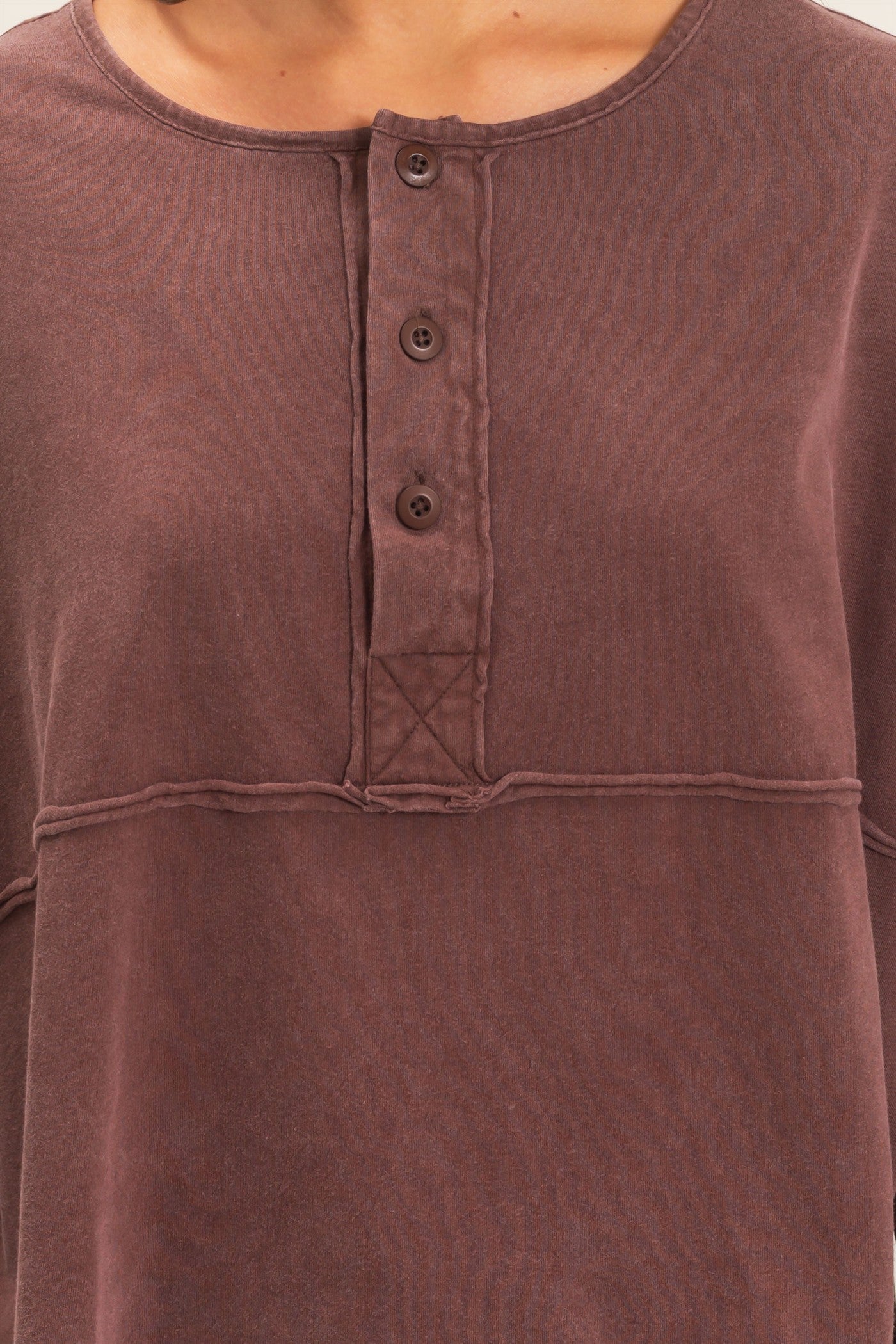 Wholesale Oversized Henley Top With Raw Edges Clothing Tops DZ26F128 DARK BROWN DOUBLE ZERO