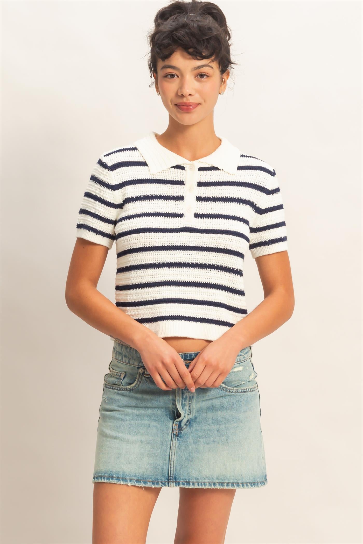 Wholesale Short Sleeve Striped Knit Polo Clothing Tops DZ26A603 NAVY DOUBLE ZERO